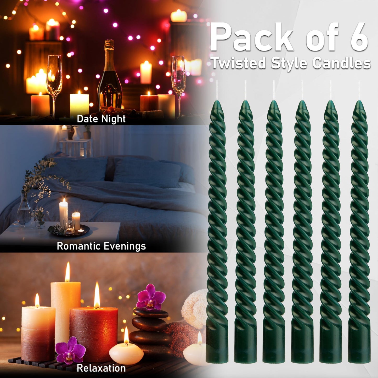 DECO EXPRESS Candles, Pack of 6 Dinner Candles, Non Drip Twisted & Non Scented, Long 6 Hours Burning Time, Cosy Home Decor, Birthday, Valentine’s Day & Mother’s Day Gift Idea (Green - Pack of 6)