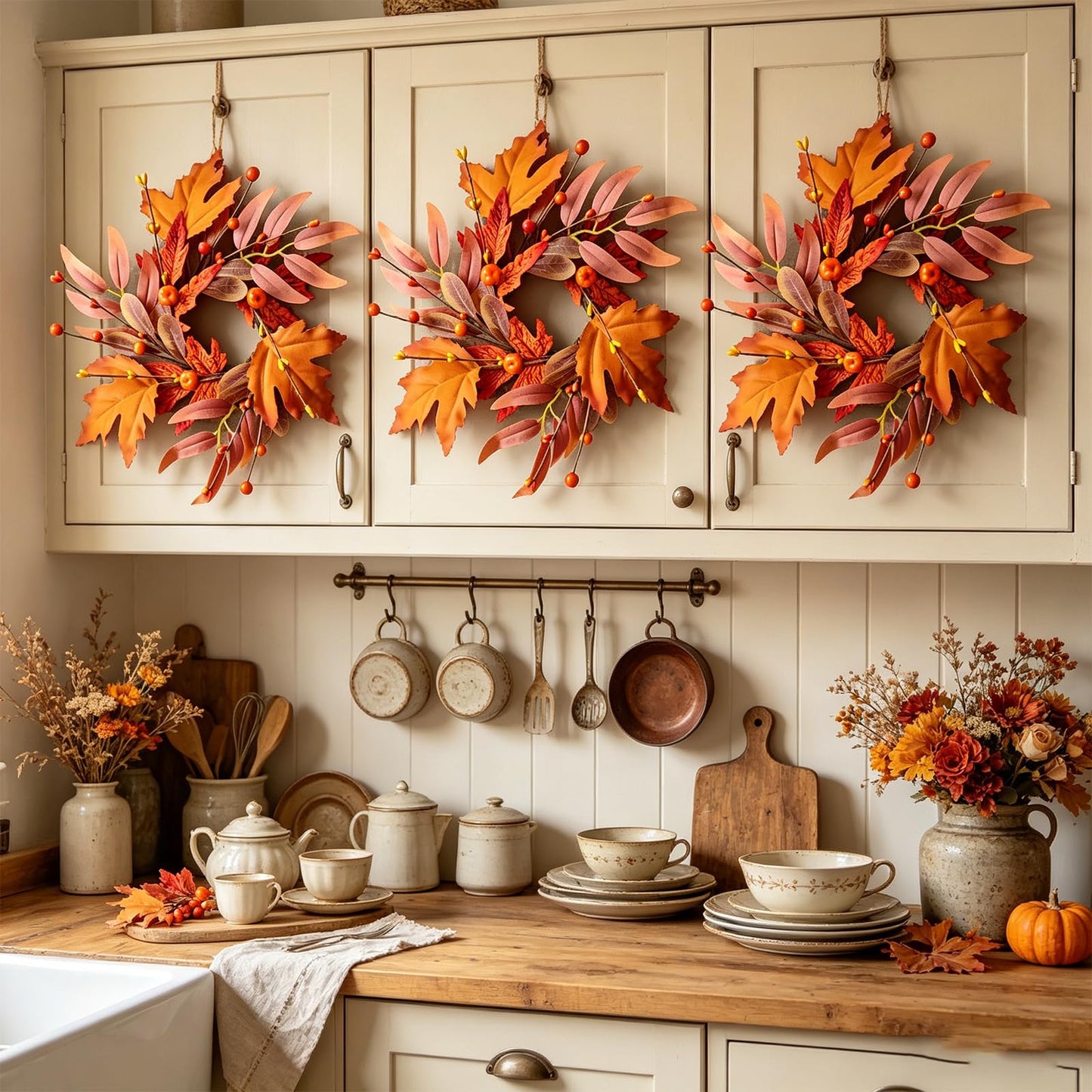 8 Pcs Mini Fall Wreaths Thanksgiving Table Centerpieces Fall Candle Rings 9 Inch Maple Leaf Wreaths for Cabinets Farmhouse Autumn Wreath for Front Door Porch Wall Window Decorations