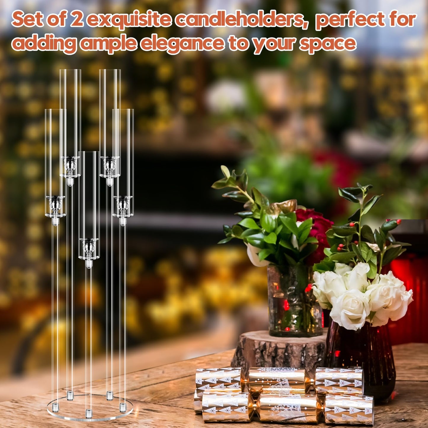 2 Set 5 Arm Acrylic Candle Holder, Mjkeomo 34.6'' Tall Candelabra Centerpieces for Tables Clear Candlesticks Holder with Lampshade for Housewarming Gift Fireplace Dinner Decor Fit 0.87'' LED Candle