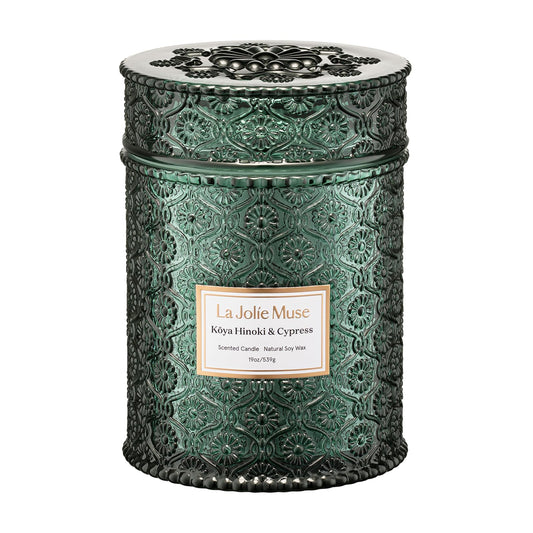 LA JOLIE MUSE Kōya Hinoki & Cypress Candle | Pine, Hinoki & Cedarwood | 19 oz Wooden Wick Soy Candle | 90-Hour Burn | Daily Relaxation & Cozy Ambiance