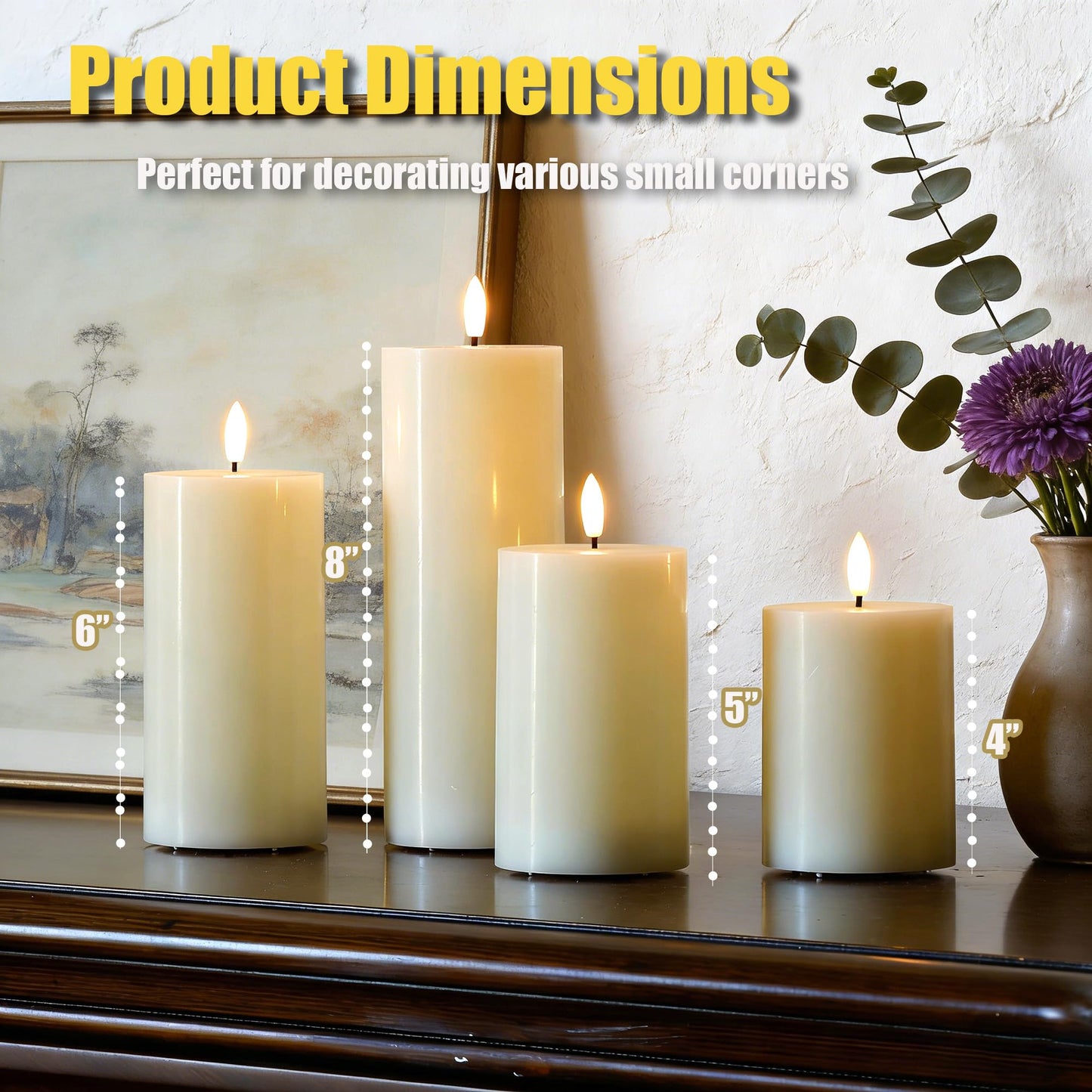 JOIONE Flameless Pillar Candles with Remote Set of 4, Real Wax LED Battery Operated Candles, Safe Home Décor for Living Room, Bedroom, and Dining Table, Ivory