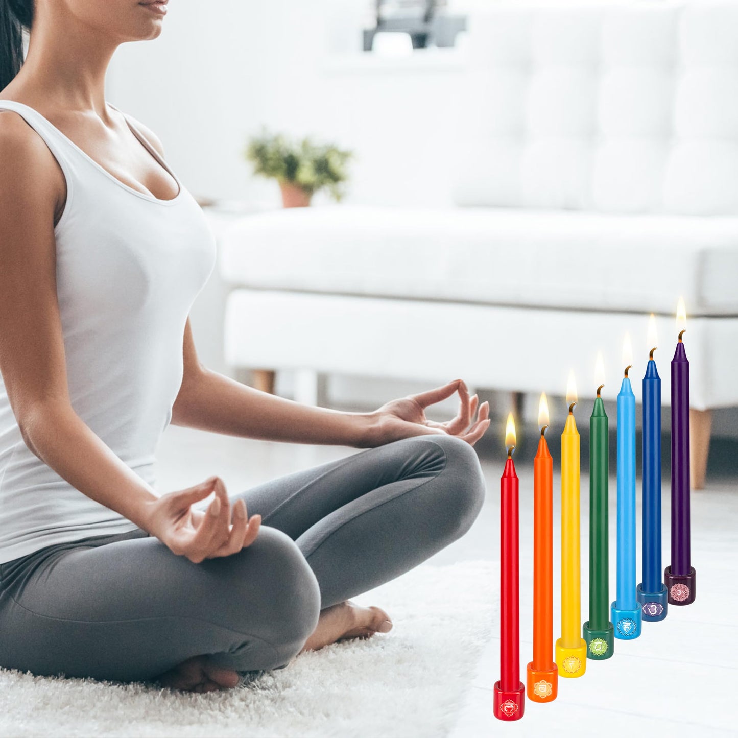 Mega Candles 7 pcs Unscented Straight Taper Chakra Candles Hand Poured Premium Wax Candles 10 Inch x 7/8 Inch, 100% Cotton Wick, Positive Healing Energy, Meditation, Relaxation, Reiki, Yoga