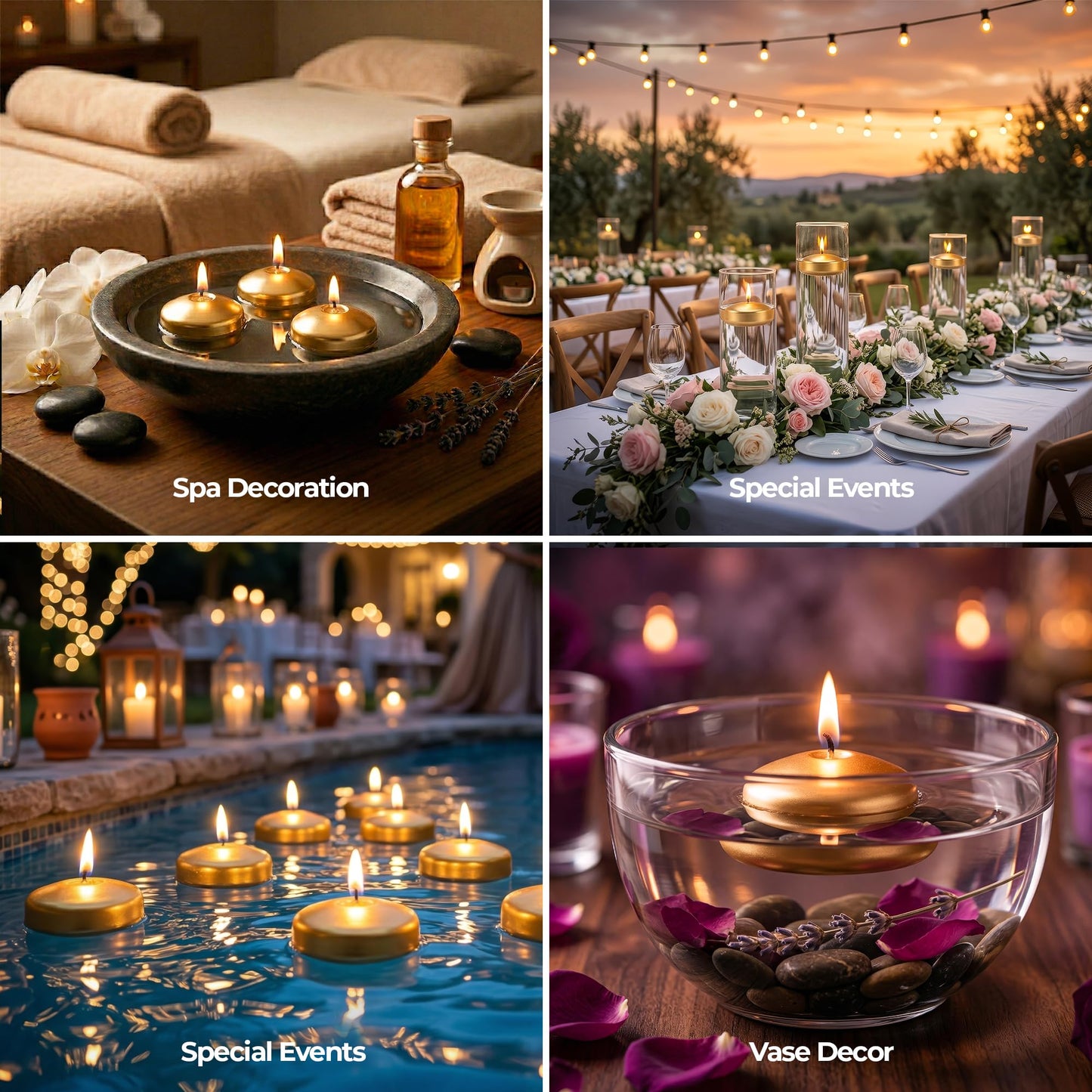 SECEL Pack of 24 Floating Candles 2 Inch 4+Hours Paraffin Wax%100 Cotton Wick Dripless & Smokeless Home Decor, Wedding Decorations, Valentine Decors, Birthday Dinners, Celebrations