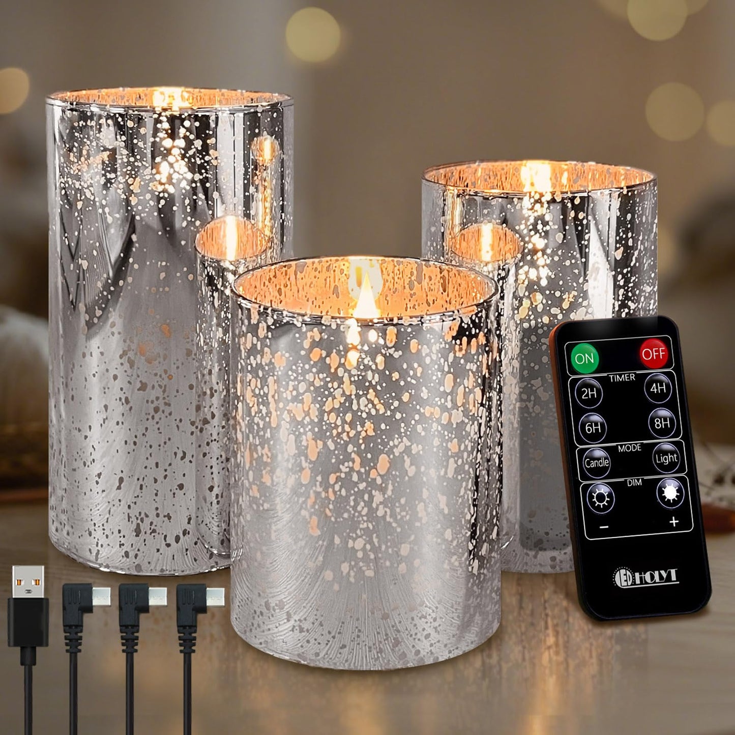 LEDHOLYT Rechargeable Flameless Candle, Flickering LED Pillar Glass Fake Candle with Remote and Timer, Built-in Battery Real Wax Electronic Candle for Room Decoration, Set of 3
