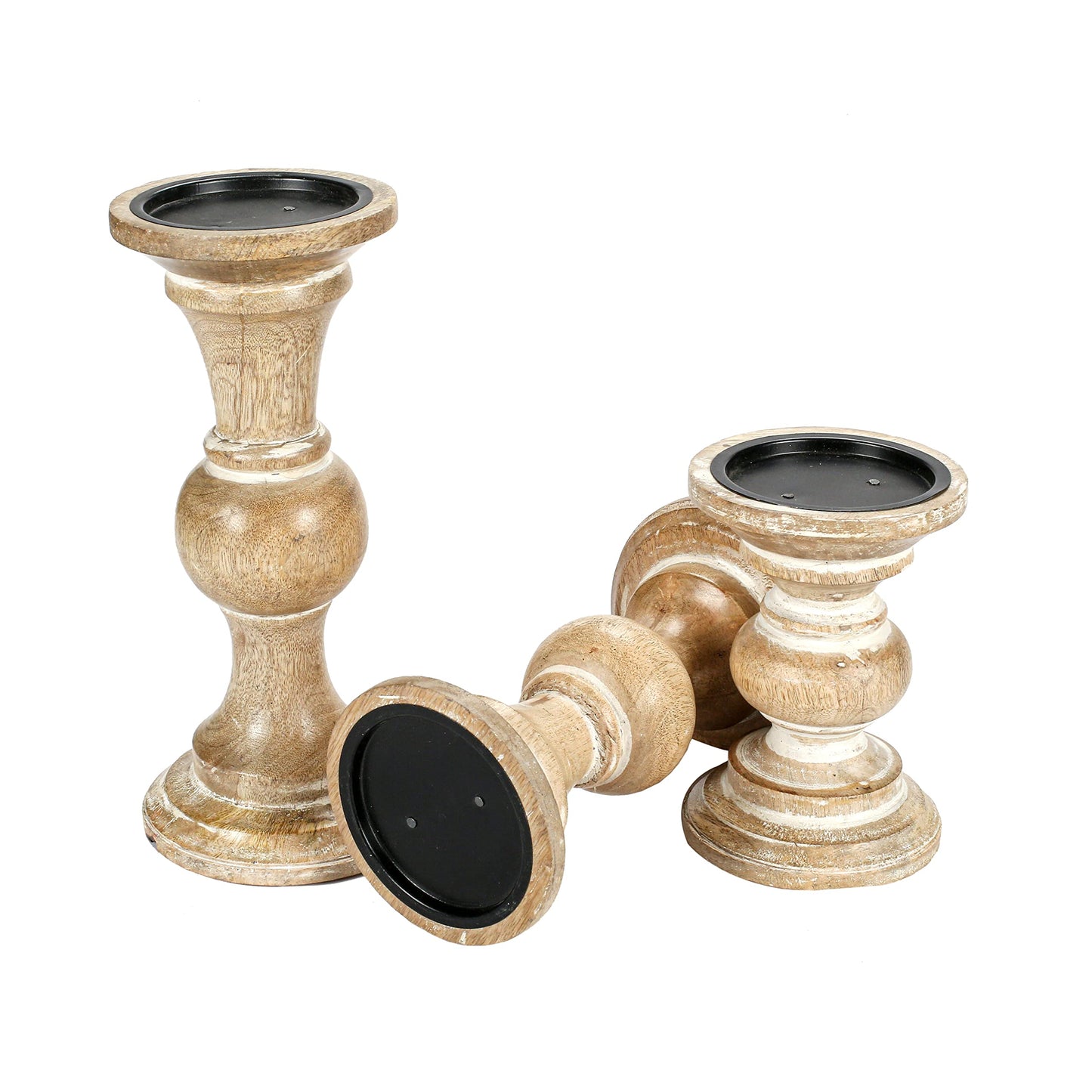 Candle Stands Wooden for Pillar Candles,Rounded Turned Colums, Sustainable Woods, Country Style, Ideal for Reiki, Aromatherapy, Votive Candle Gardens Home décor - 10,8,6 Inch Set of 3 - White Wash