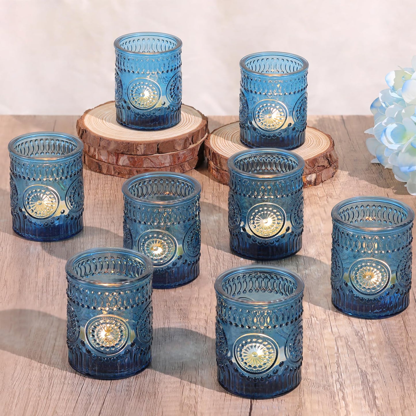 Lanttu Blue Votive Candle Holder Set of 12, Glass Tea Lights Candle Holders for Wedding Table Centerpieces, Birthday Parties, Home Decor and Holiday Decor