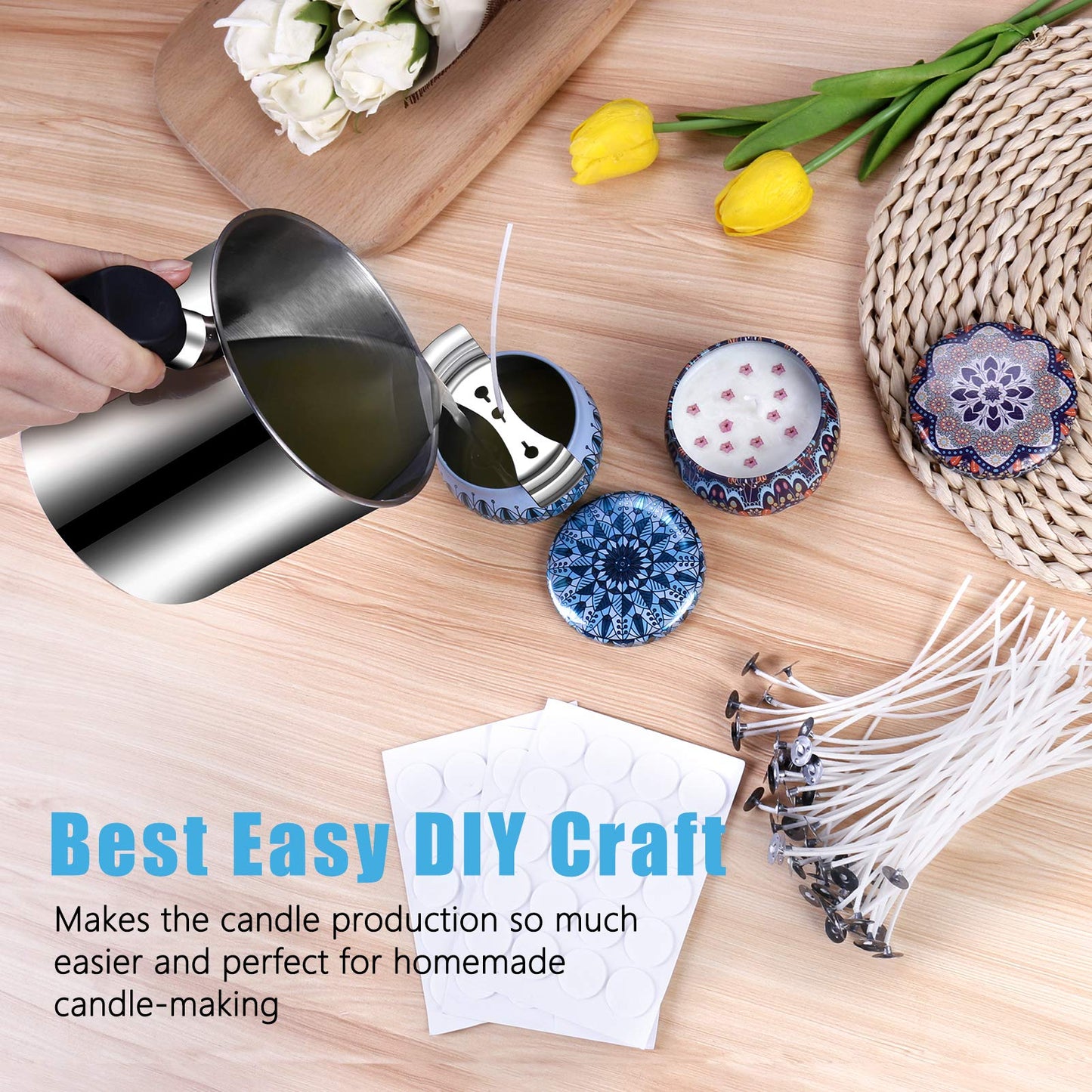 DINGPAI Candle Making Supplies, Complete Soy Candle Making Set Including Candle Make Pouring Pot, Candle Wicks, Wicks Sticker, 3-Hole Candle Wicks Holder, Natural Soy Wax and Spoon
