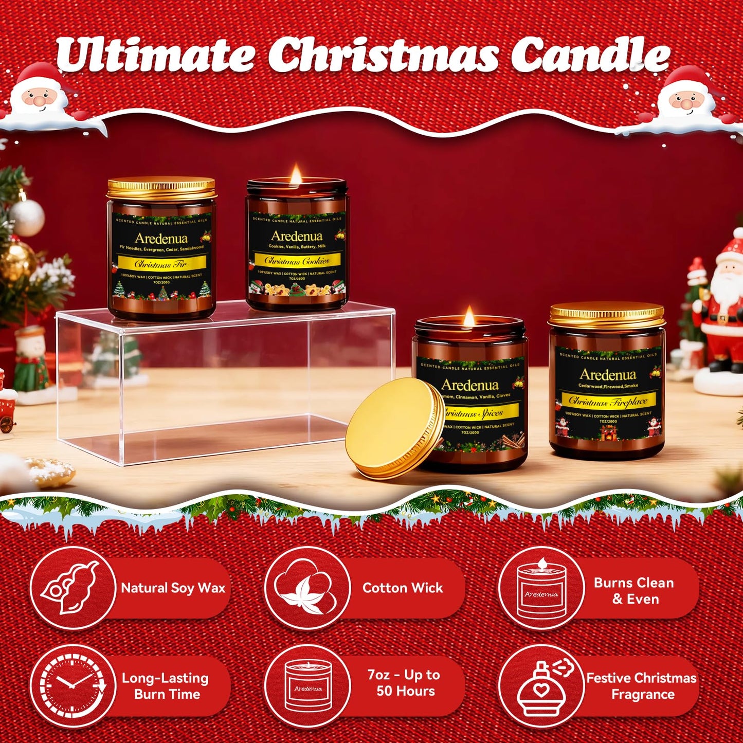 Holiday Candles Set | 4 Pack Holiday Scented Candles, Hand Poured Soy Candles for Home Scented - Christmas Candle Gifts for Women and Men - Scents of Fir/Spices/Cookies/Fireplace