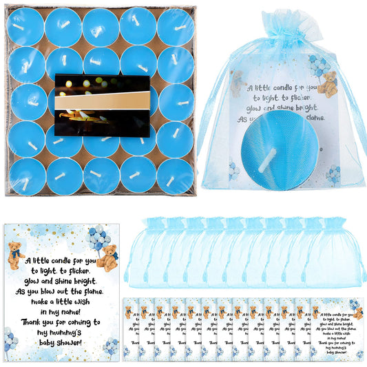 Amyhill 100 Set Bear Baby Shower Party Favors Gift Includes Unscented Blue Tealight Candles Gender Neutral Gift Candles Baby Shower Cards and Organza Bags for Guests Friend Gender Reveal Party