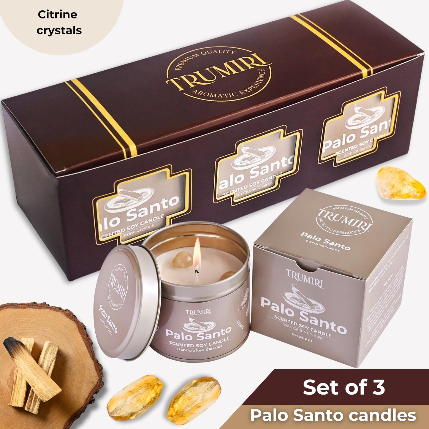 Palo Santo Candle for Home - Highly Scented with Citrine Crystals - Pack of 3 x 5oz Soy Wax Organic Non Toxic for Aromatherapy Relaxation Meditation - Room Decor for Men - Pet Safe Candel