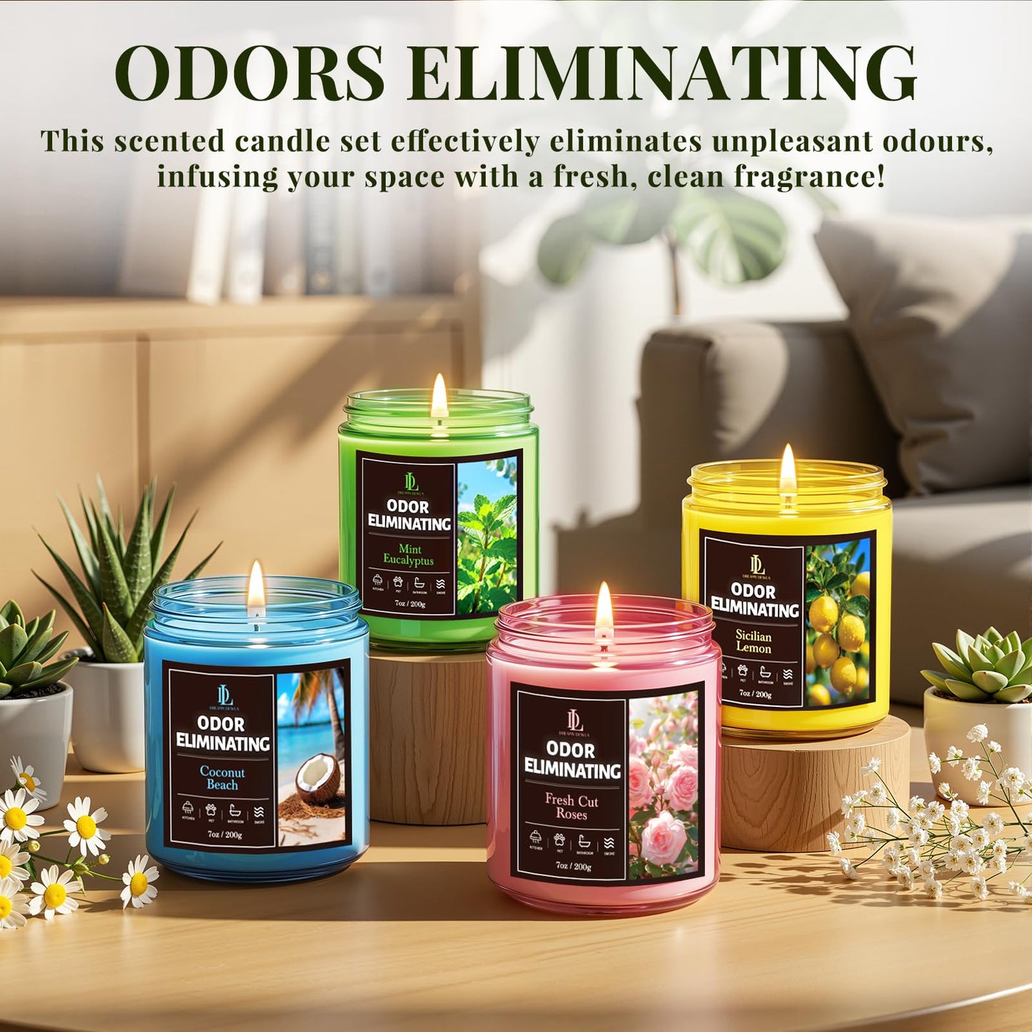 4 Pack Odor Eliminating Highly Fragranced Candle, Eliminates 95% of Food, Pet, Smoke, and Bathroom Quickly, Air Freshing Scents of Lemon/Mint Eucalyptus/Coconut/Roses, Soy Candles Gift for Women Men