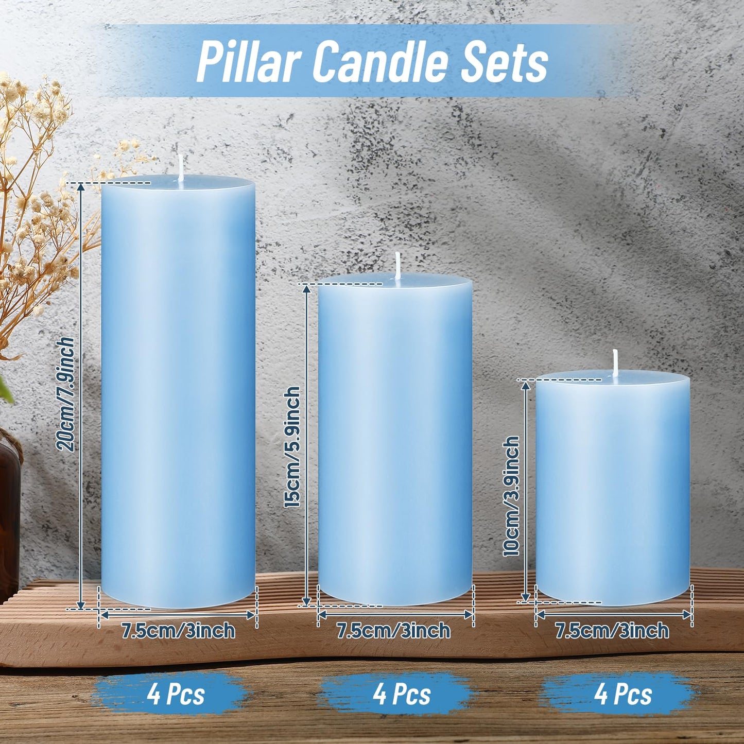 Sumind Set of 12 Pillar Candles Bulk 3"x 4", 6", 8" Dripless Unscented Poured Candles Long Clean Burning Tapers for Wedding Rustic Party Spa Bath Home Decor Relaxation All Occasions(Blue)