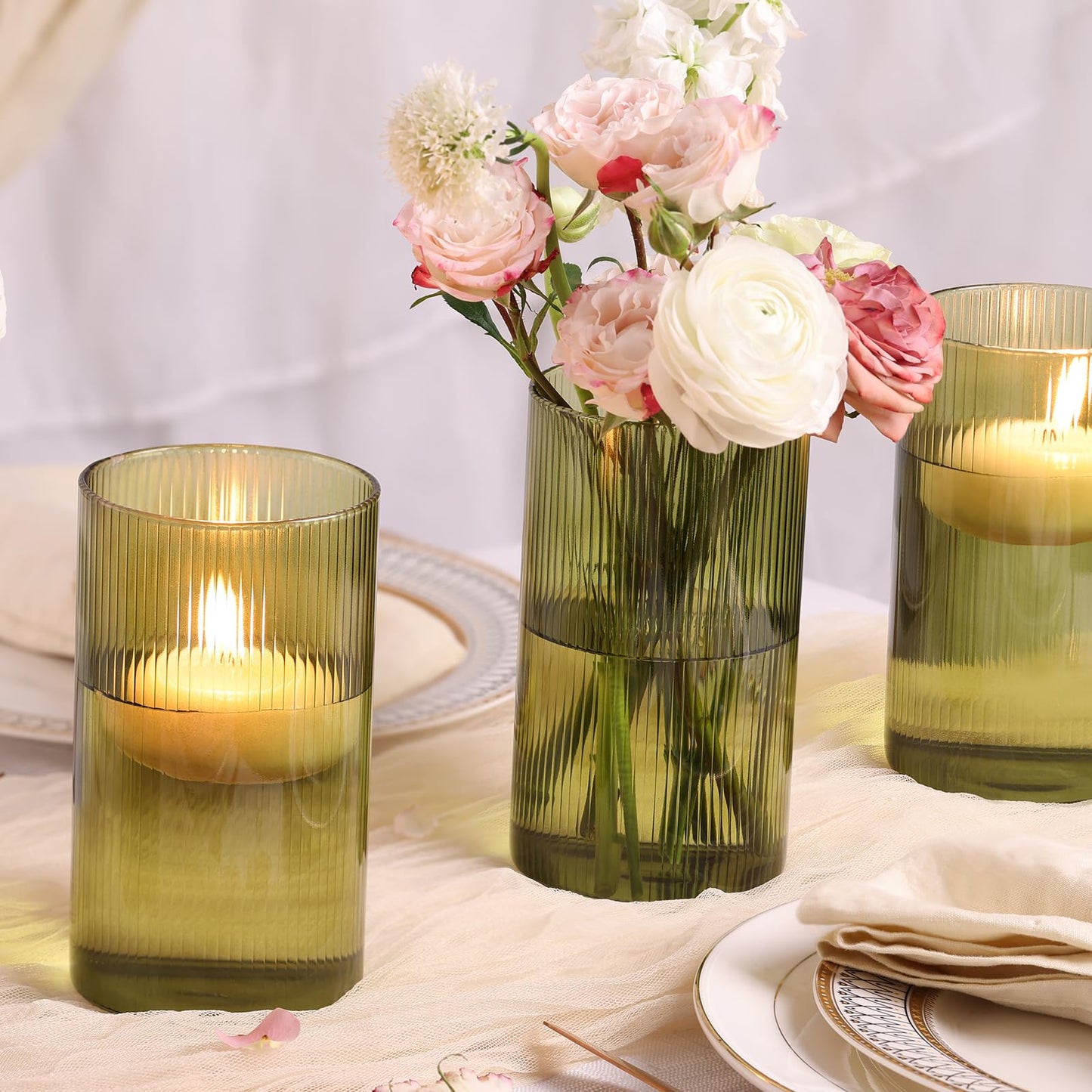 Glass Cylinder Bud vases for Centerpieces, 6 Inches Clear Ribbed Glass Vases Bulk for Wedding Table Decor, Loral Vase Bulk Flower vases, Tall Hurricane Candle Holder for Table Shelf, Party (Green)