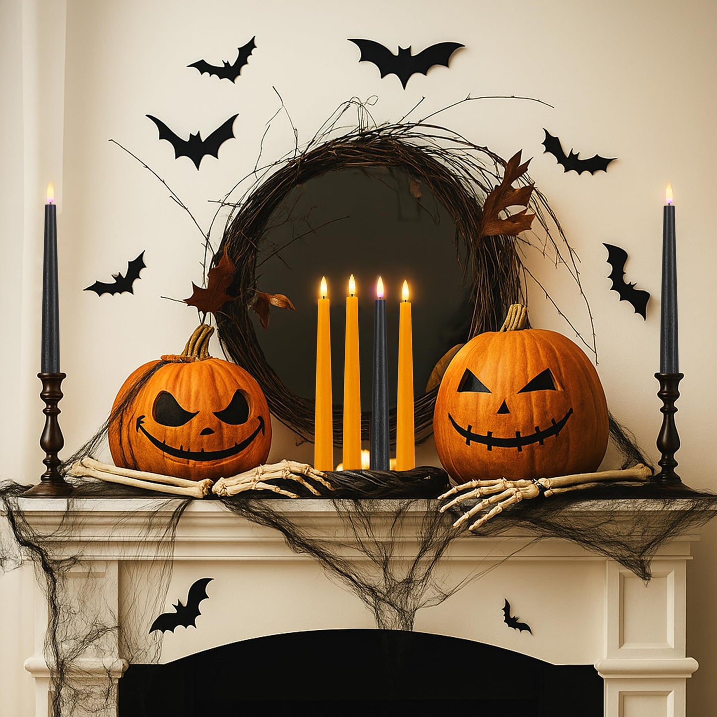 AFINETH Orange and Black Flameless Taper Candles Flickering, Real Wax Halloween Candles with 2 Remote & Timer, Battery Operated Halloween Led Candle for Party Home Decor 6 Pack