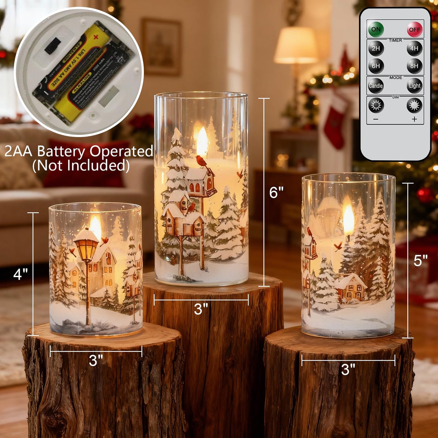 Wondise Red Bird Glass Flameless Candles with Remote Timer, Battery Operated Real Wax 3D Wick LED Flickering Pillar Candles for Christmas Decoration Thanksgiving Holiday Gift