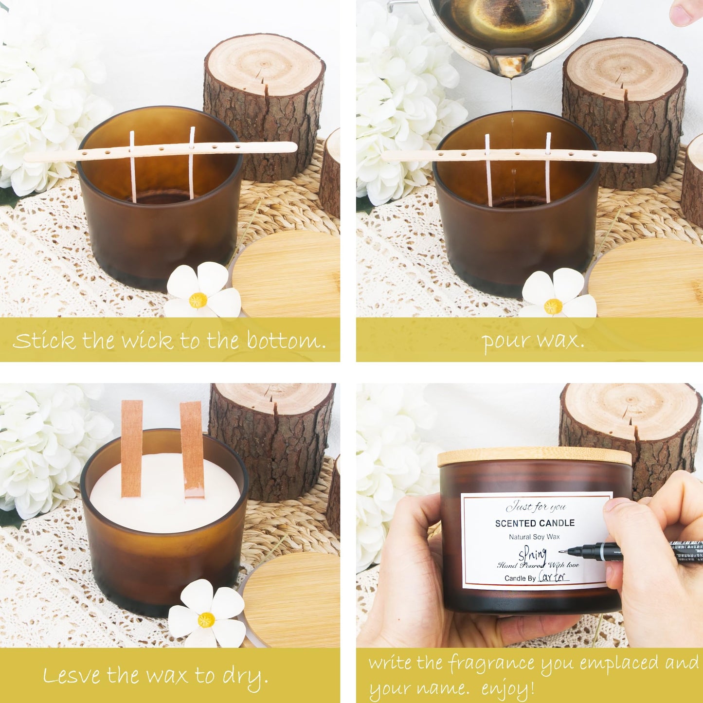 MILIVIXAY 6 Pack 16 oz Candle Jars with Bamboo Lids and Candle Making Kits - 3 Wick Candle Jar,Bulk Empty Frosted Amber Thick Glass Jars for Making Large Candles - Spice, Powder Containers.