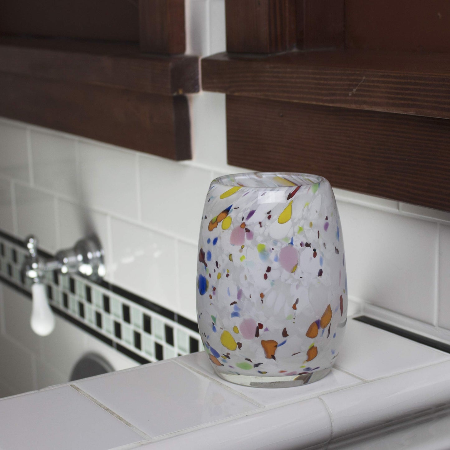 Totally Blown Glassworks Votive Candle Holder, Tea-Light, Handmade Blown Glass, Accent Vase, Centerpiece, Home Decor, Artist Dehanna Jones, Seattle, WA. (White Studio Confetti)