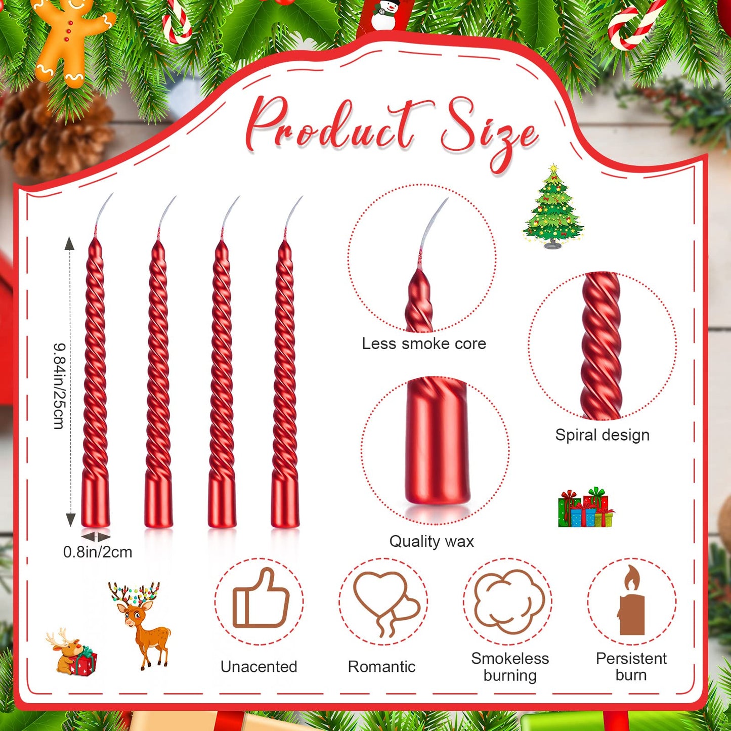 BBTO 12 Pcs Christmas Advent Spiral Candle Unscented Metallic Taper Candles Dripless Twist Candles Metallic Dinner Birthday Candle for Home Birthday Wedding Party Holiday Decor(8 Inch,Red)