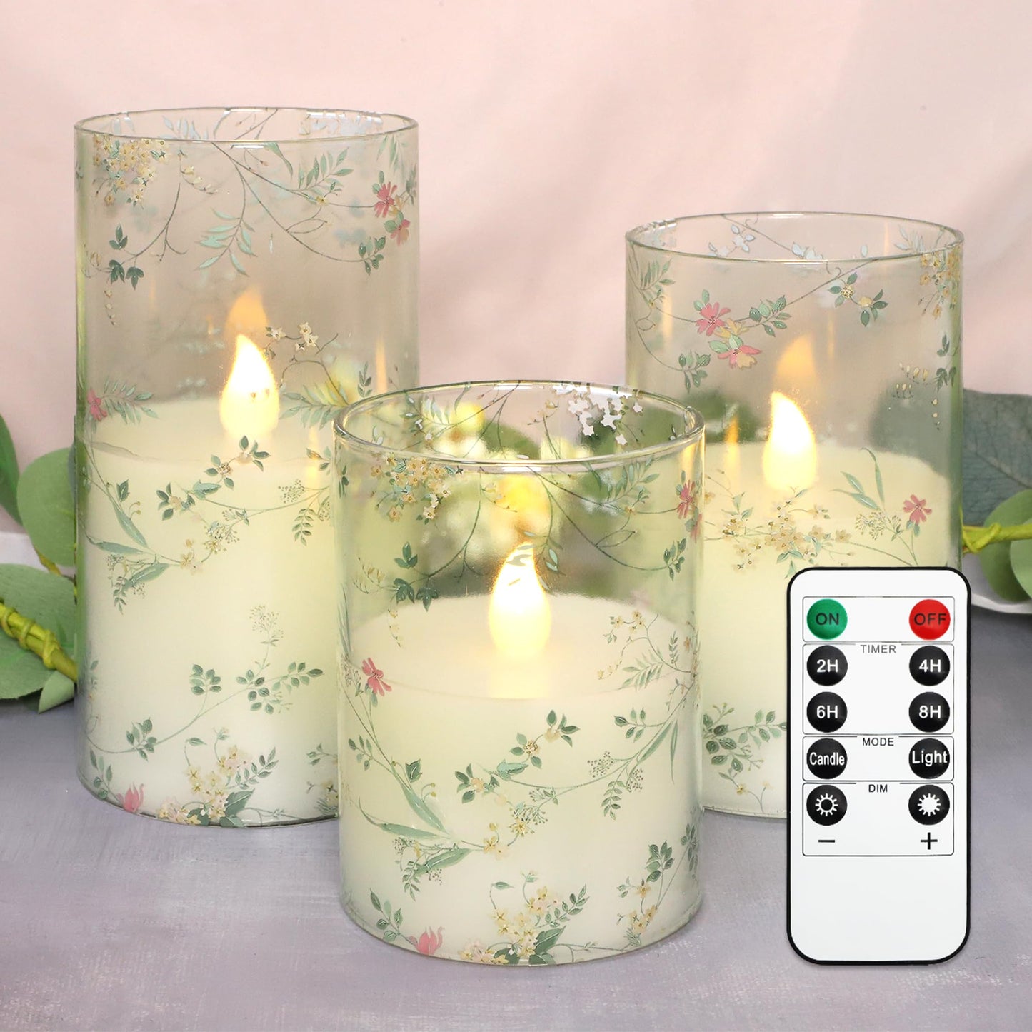 FLAVCHARM Glass Flameless Candles Flickering Battery Operated LED Pillar Candles Set of 3 with Timer and and 10-Key Remote Green Branch Floral Spring Summer Theme for Wedding Festival Home Decoration