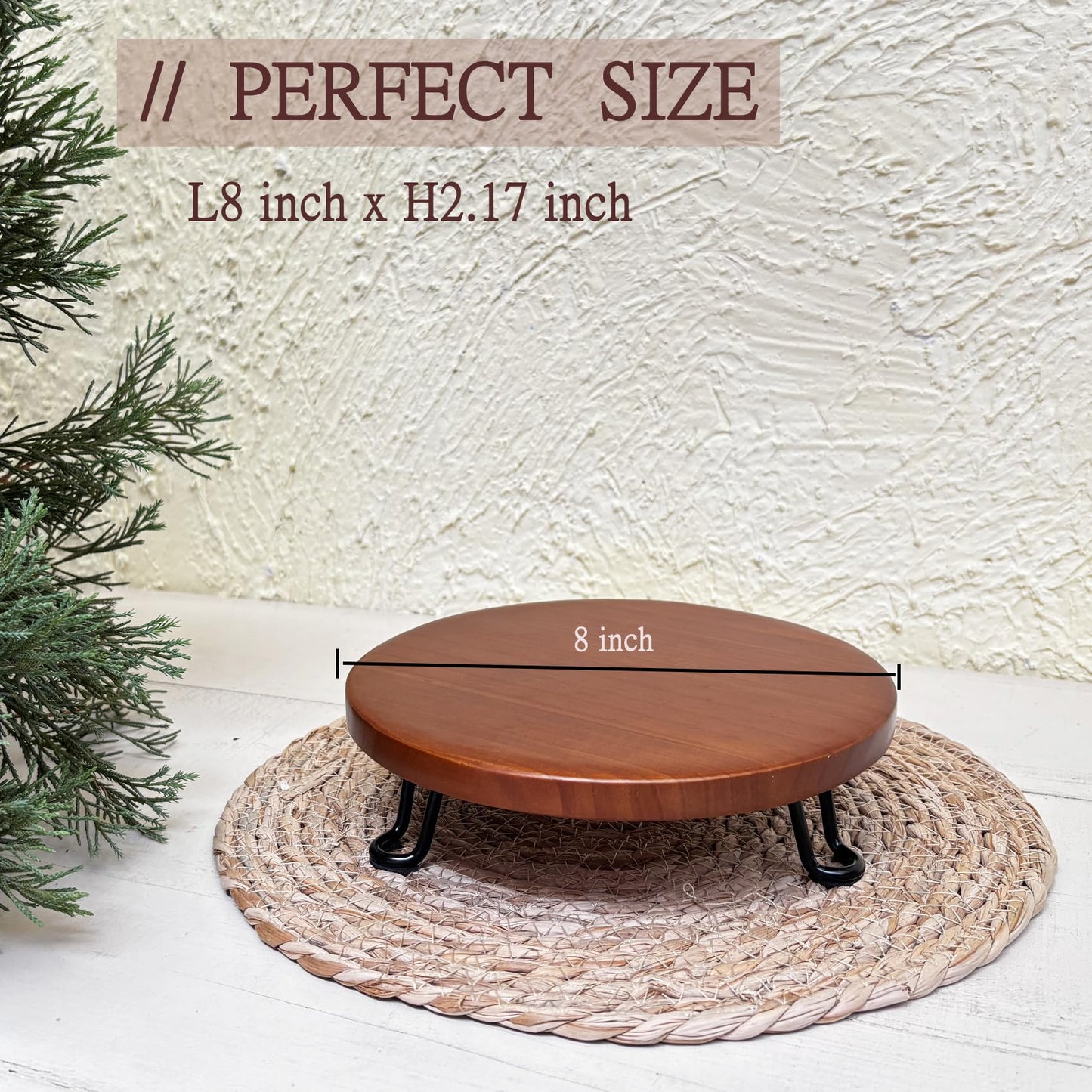 Banrinly 8 Inch Round Wood Riser with Metal Legs - Decorative Pedestal Tray Stand for Countertop Organizer - Farmhouse Boho Style Display Stand for Kitchen, Bathroom, Coffee Bar