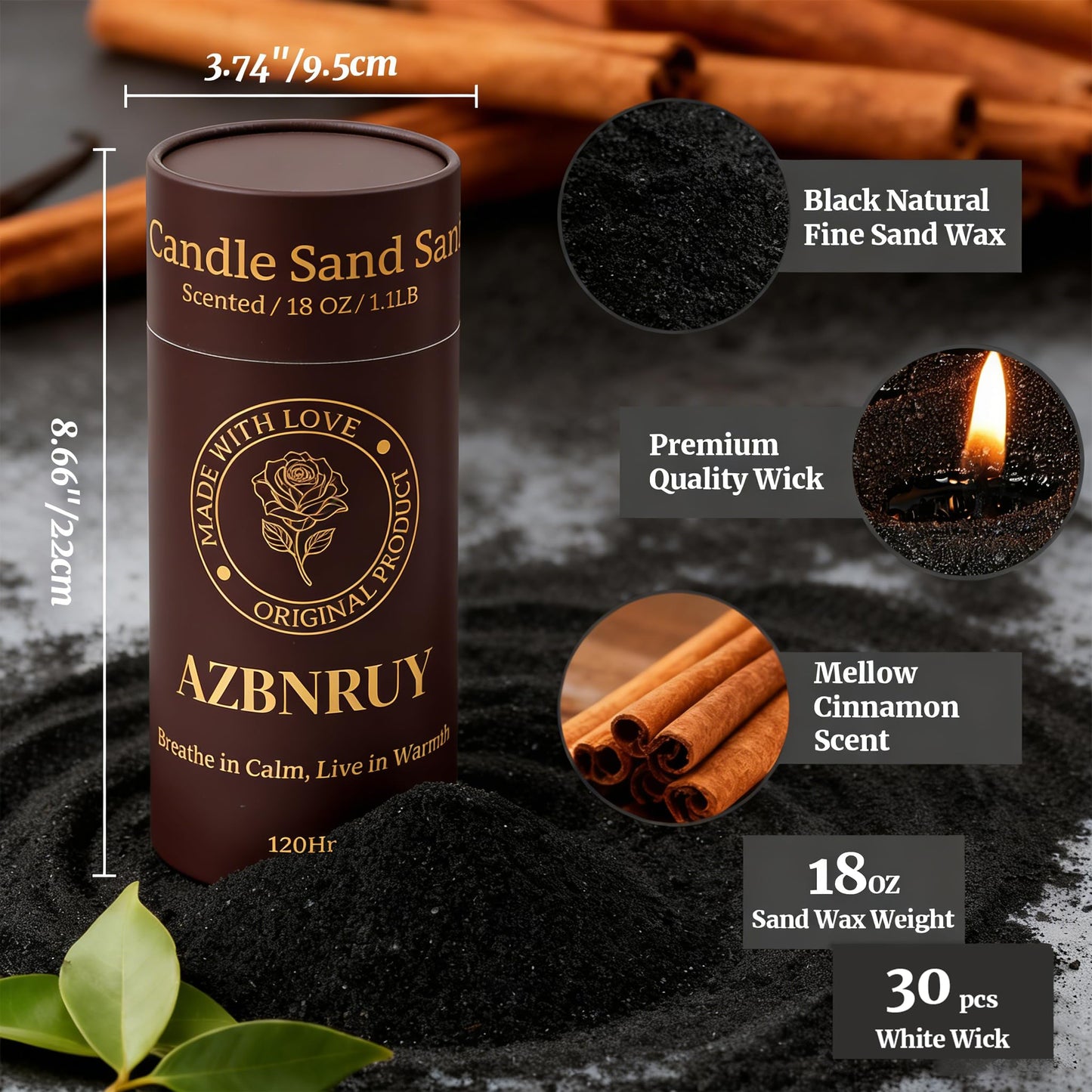 Pearled Candles Sand and 30 Wicks 18 Oz-Refillable Cinnamon Scented Pearled Candle Non Toxic Luxury Long Lasting up to 120 Hours-Scented Pearl Powder Wax Sand Candle Beads Kit for Candles Making Black
