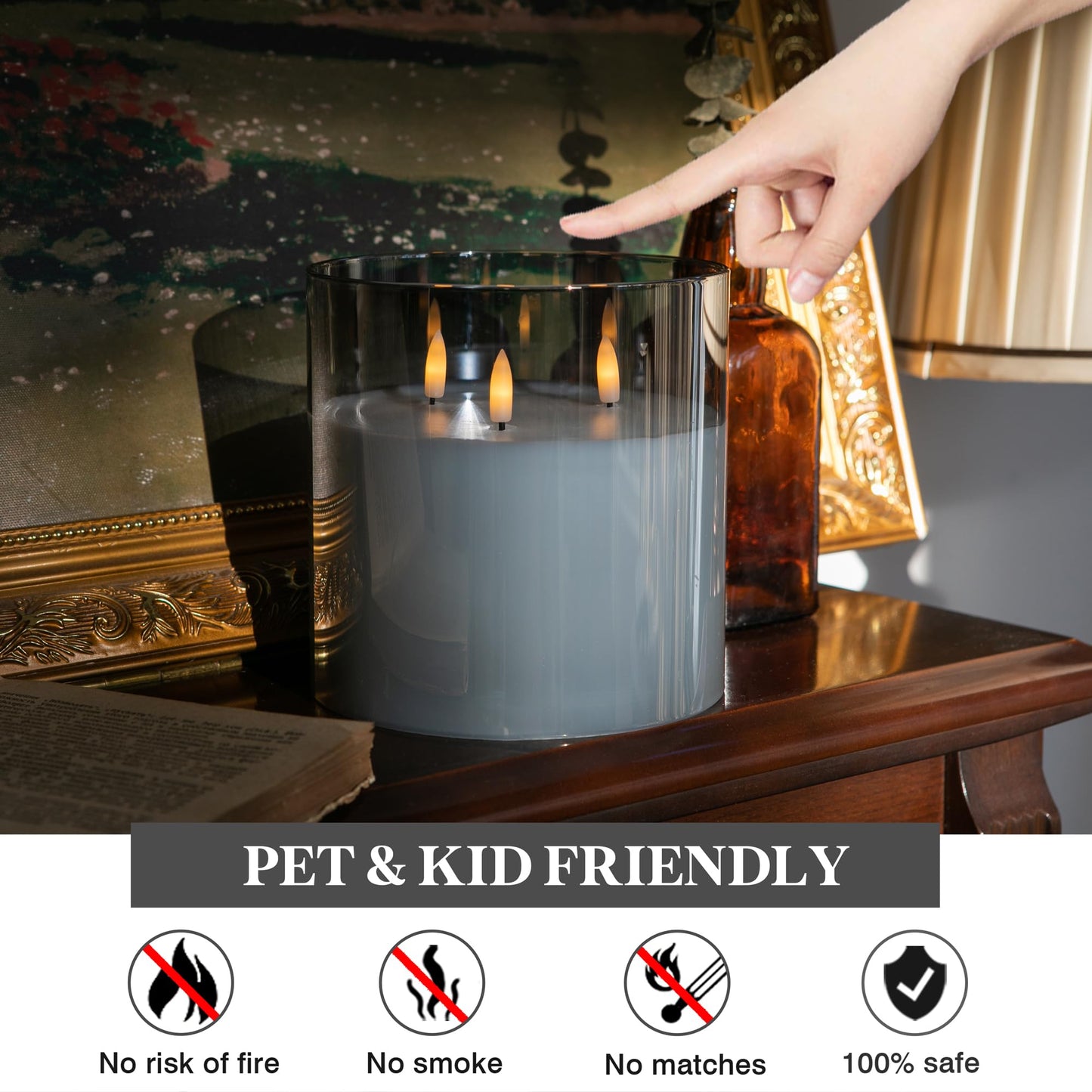 AFINETH Extra Large Flameless Candles with 3 Wicks, 6"x6" Glass Battery Operated Candles with Remote, Real Wax Flickering LED Candles Fake Candle for Home, Wedding, Party, Gray