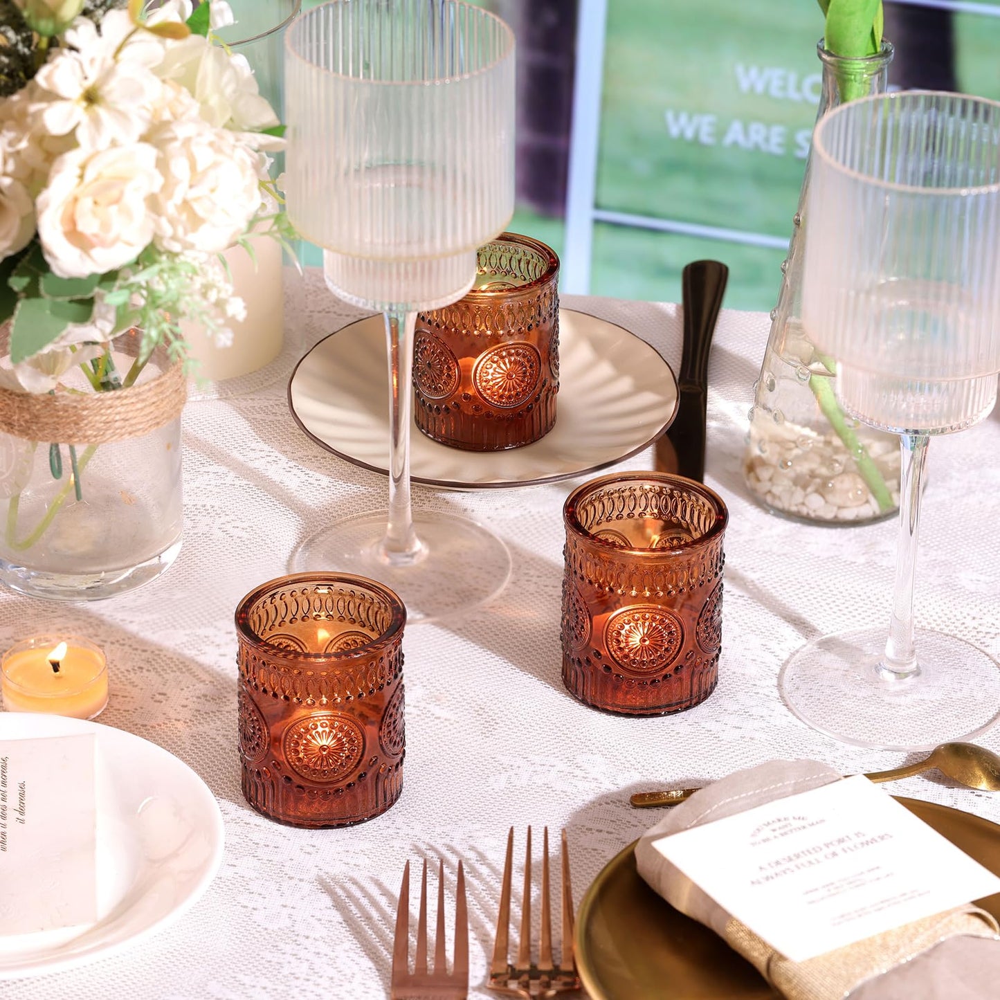 Lanttu Amber Votive Candle Holder Set of 12, Glass Tea Light Candle Holders for Home Table Centerpiece, Dinner Parties, Weddings Decor