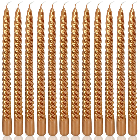 10 Inch Bronze Spiral Taper Candles Set for Holiday Decor, 12 Pack Unscented Twisted Candlesticks, Dripelss Thin Tapered Candles for Wedding Dinner Parties Galas Award Ceremonies Religious