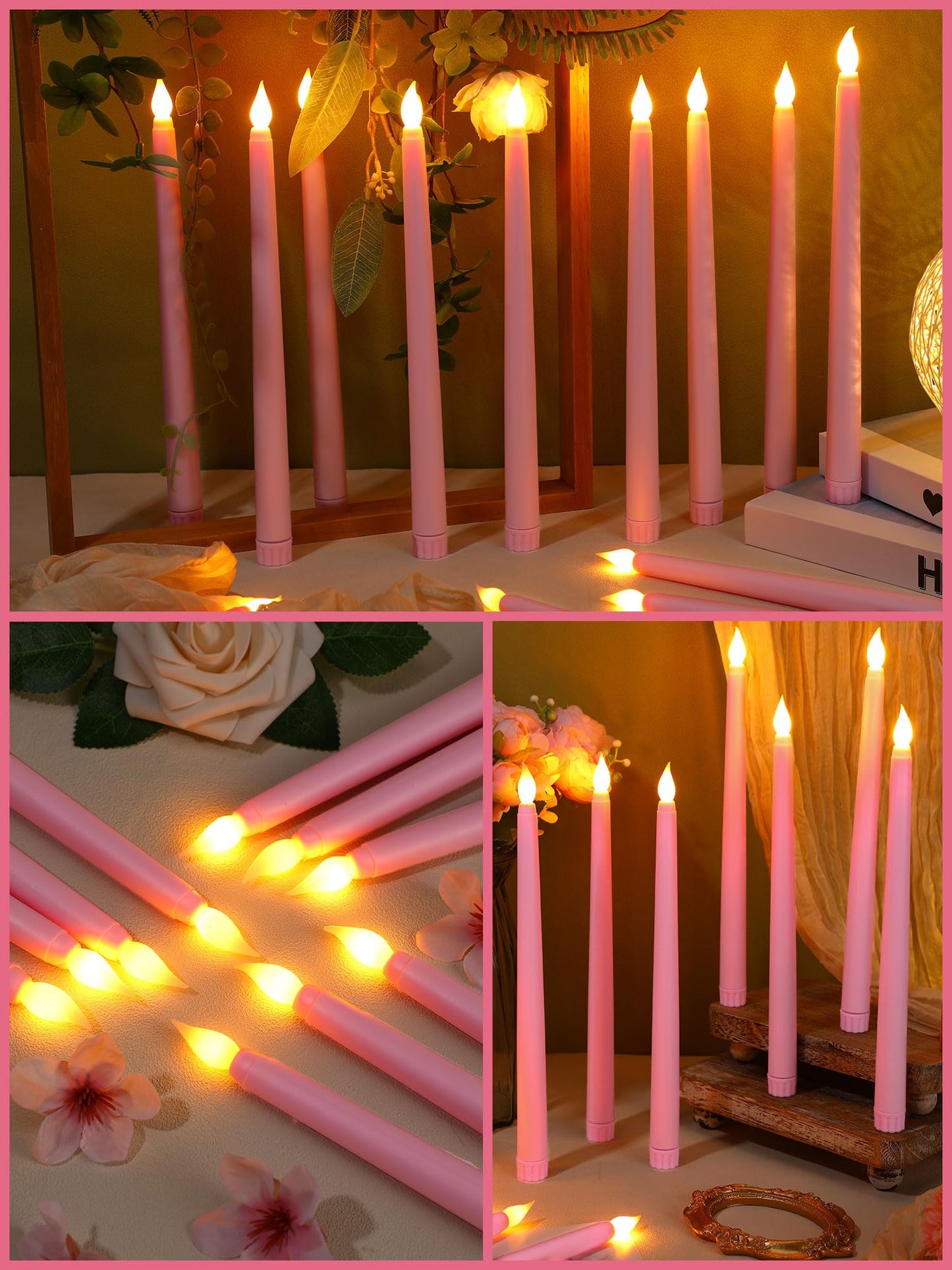 Funtery 48 Pcs Flameless LED Taper Candles Battery Operated Candles Bulk Realistic LED Candlesticks Flickering for Wedding Church Graduation Party Home Decor(Pink,Classic Style)