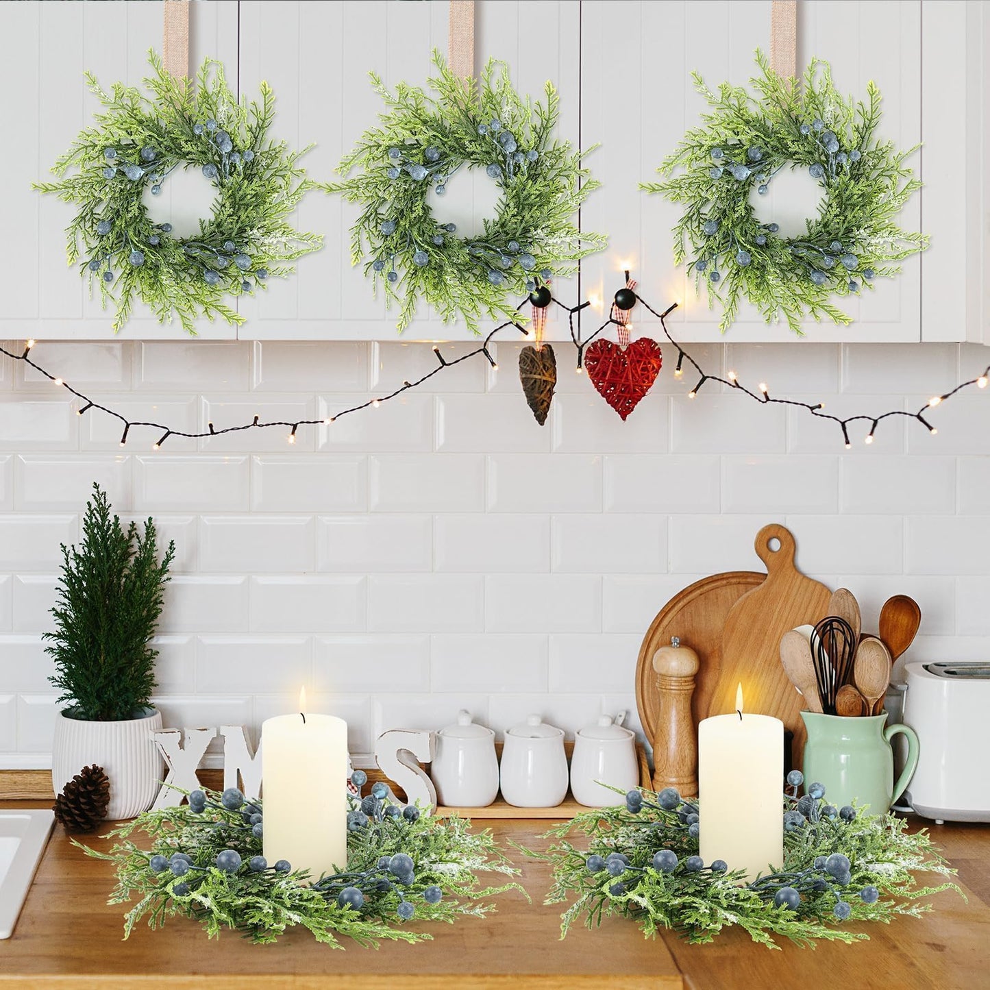 6 Pcs Mini Blueberry Wreaths Candle Rings Artificial Spring Summer Candle Wreaths for Pillars Rustic Wedding Farmhouse Wreath Table Centerpiece Decoration for Cabinet Kitchen Front Door Home Decor