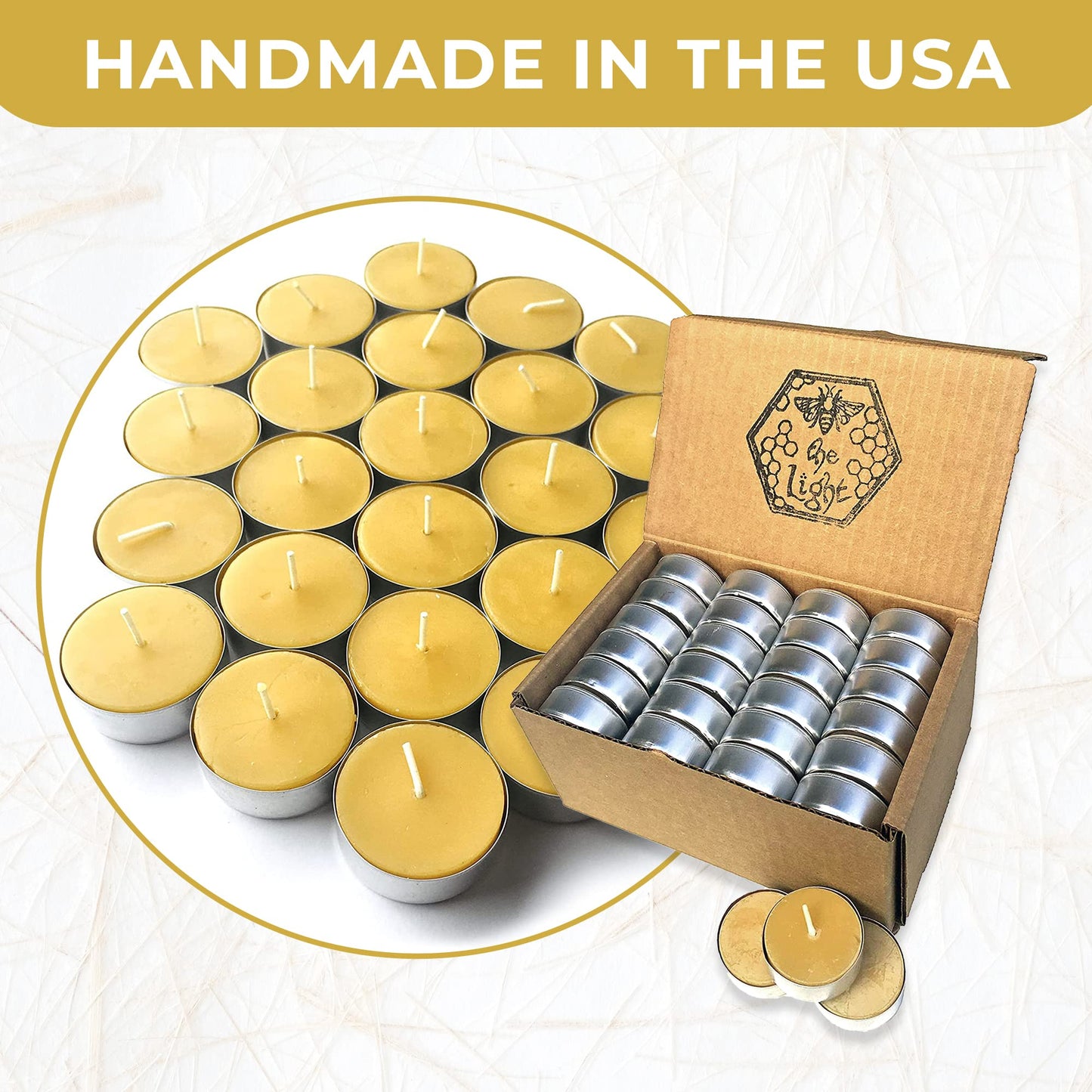 Pure Beeswax Tealights - Unscented Smokeless & Clean Burning Non-Toxic Tea Lights with Light & Natural Honey Scent, 4-Hour Burn Time, 1.5 x 0.5-Inch Handmade Candles, 48-Pack, by BeeTheLight