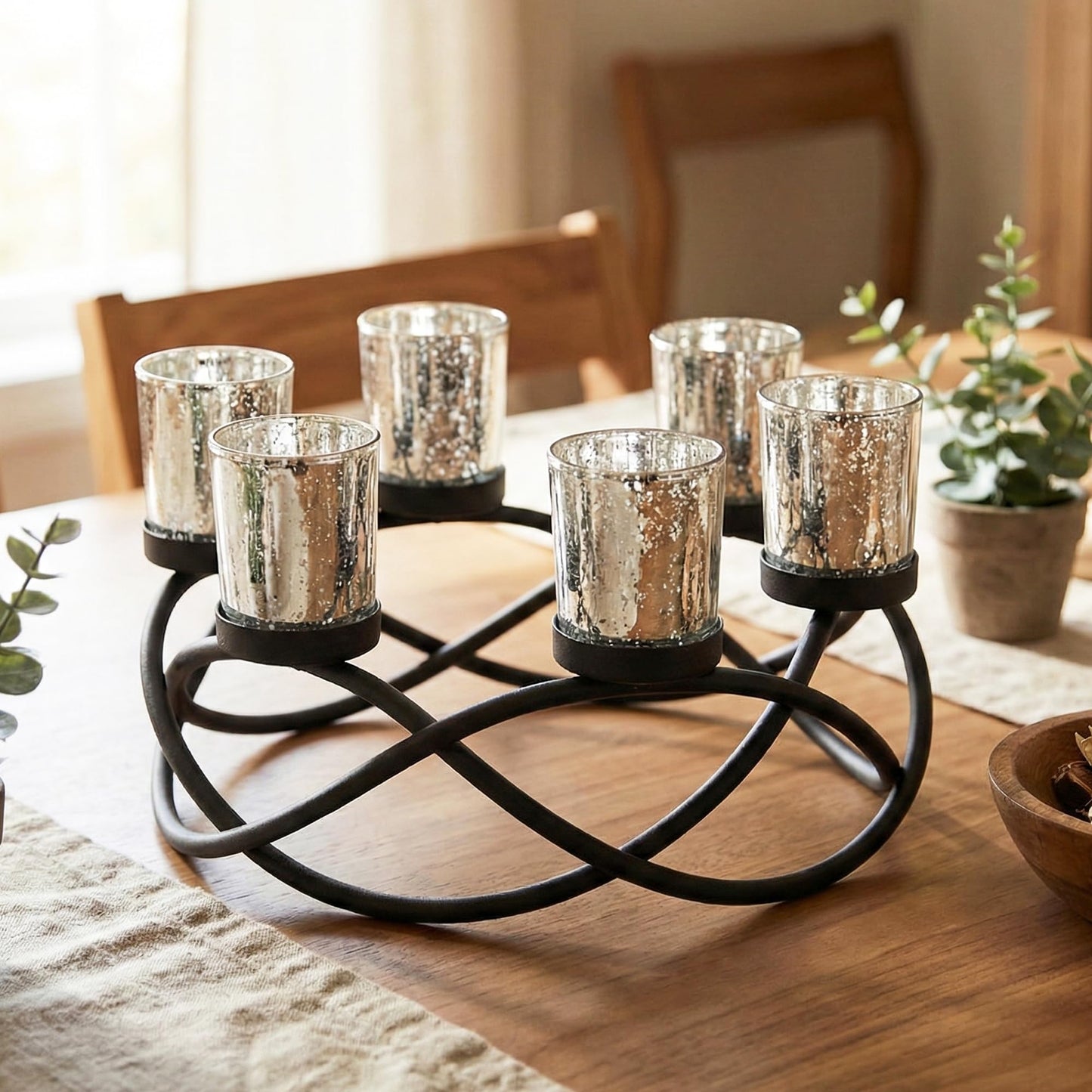 Seraphic Centerpieces for Table Decorations - Round Candle Holders for Outdoor Patio, Dining, Kitchen, Coffee & Wedding Table Decor, Black Iron Candelabra, 6 Silver Glass Votive Tealight Cups