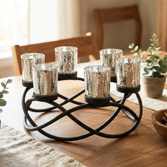 Seraphic Centerpieces for Table Decorations - Round Candle Holders for Outdoor Patio, Dining, Kitchen, Coffee & Wedding Table Decor, Black Iron Candelabra, 6 Silver Glass Votive Tealight Cups