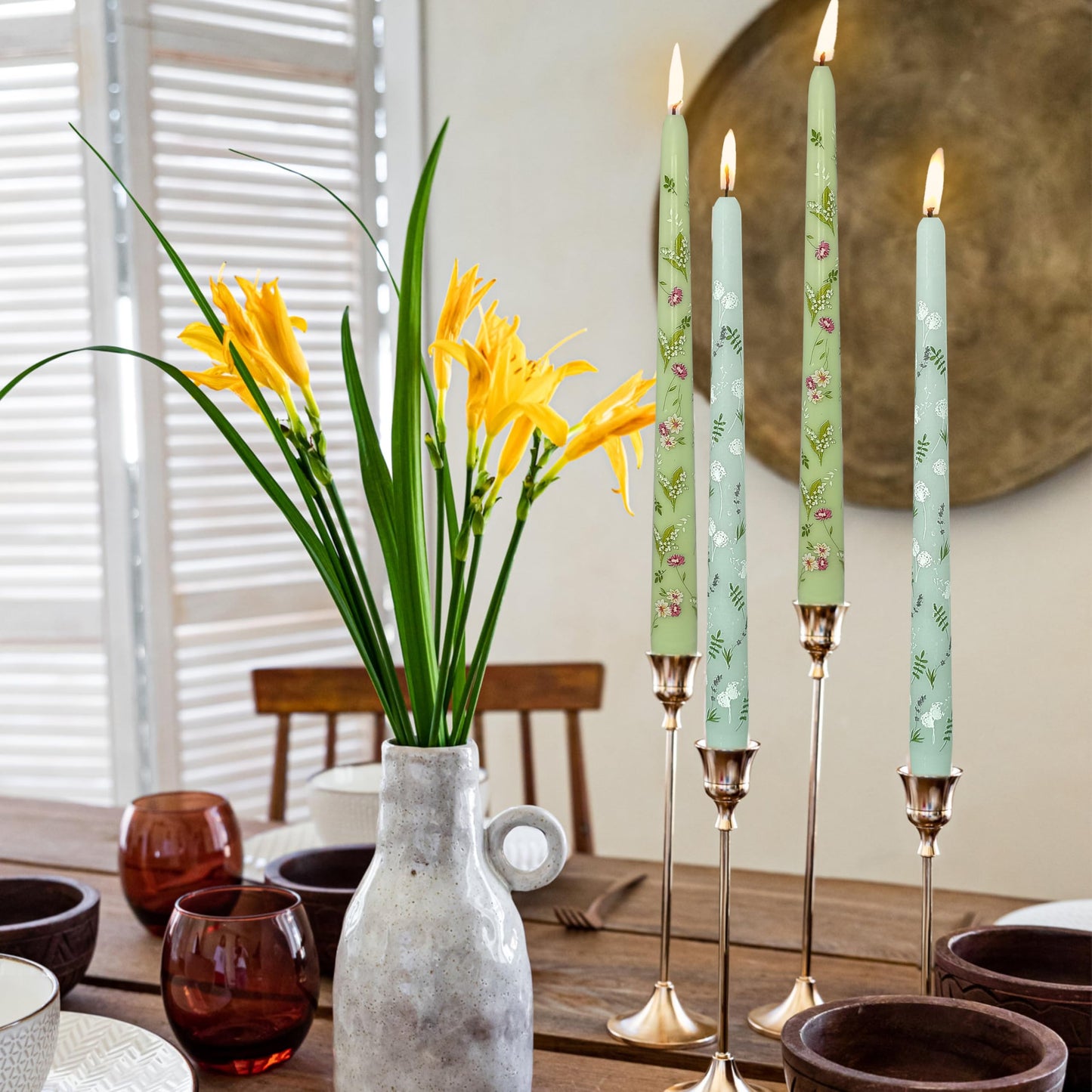 Printed Taper Candle Dripless Candles Sticks - 4 pcs Handmade Green Taper Candle 10 inches Long Tapered Candles for Home Party Wedding Restaurant Holiday Decor