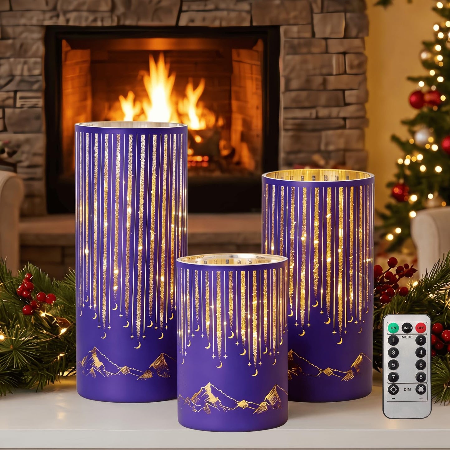 Ashroder Starry Night Elegant Hurricane Candleholders with LED Flickering Lights & Remote Timer, Decorative Glass Hurricanes for Indoor Table Centerpieces & Year-Round Home Decor, Set of 3 (Purple)