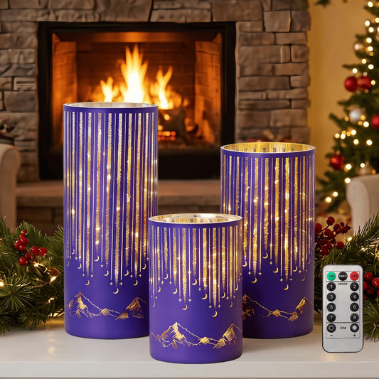 Ashroder Starry Night Elegant Hurricane Candleholders with LED Flickering Lights & Remote Timer, Decorative Glass Hurricanes for Indoor Table Centerpieces & Year-Round Home Decor, Set of 3 (Purple)