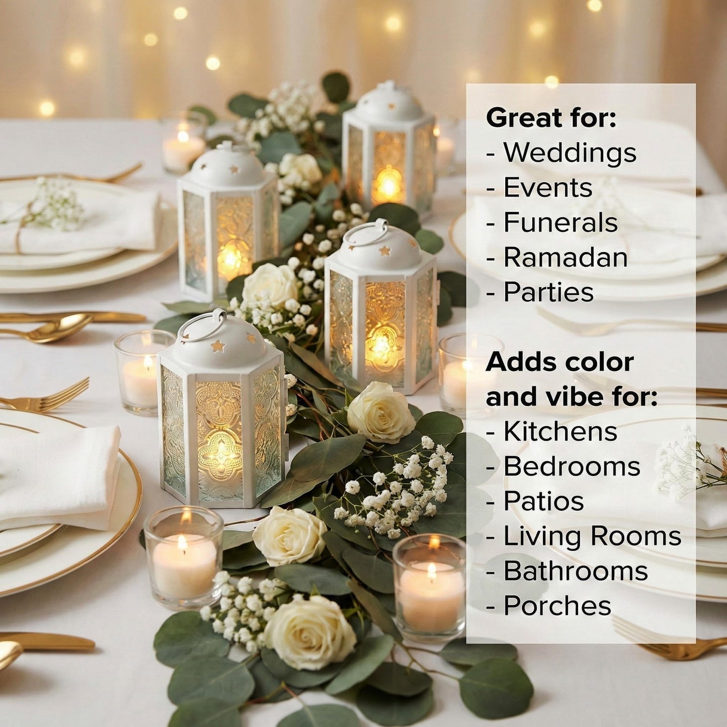 VELA LANTERNS Mini Moroccan Tea Light Candle Holder Lanterns – 4.25" Small Decorative Lantern for Table or Hanging, Metal with Glass Panels – Ramadan, Wedding, Home Decor, Matte White (Set of 4)