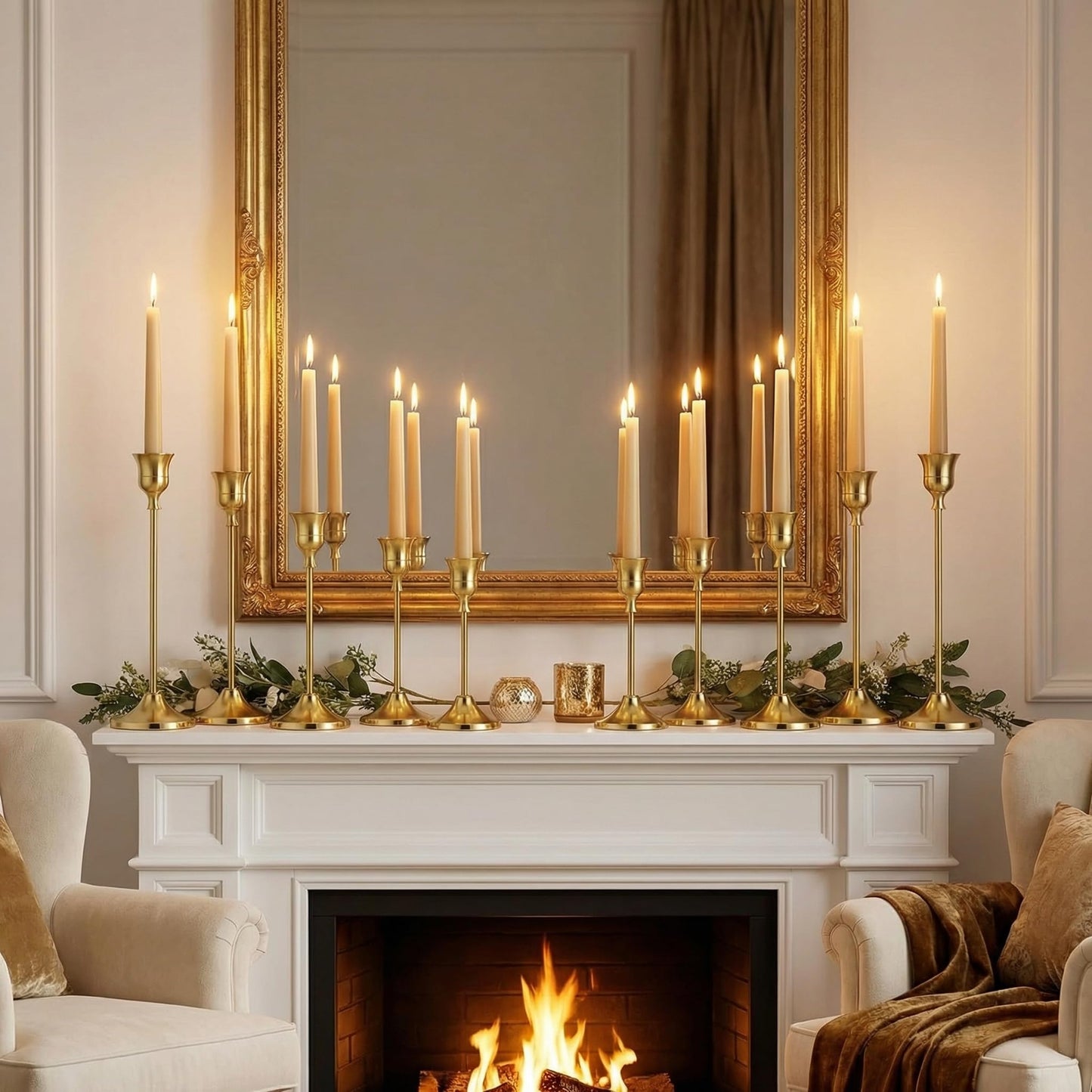 SylvaCraft Brass Gold Candle Holders Rustproof Taper Candlestick Holders for Holiday Party Table Centerpiece Wedding Fireplace Mantel Housewarming Gift(4 Sets(12 Pcs))