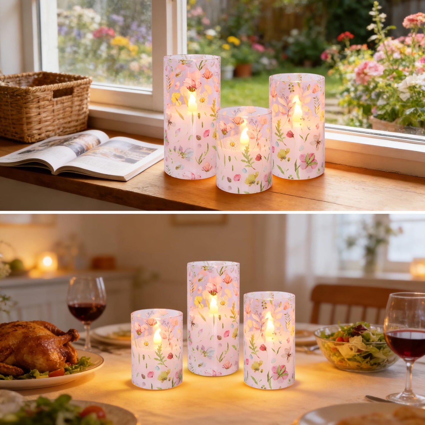 Silverstro Pink Flameless Candles with Remote Timer, Glass Battery Operated Candles, Pink Flower Decals LED Candles for Home Party Wedding Mother's Day Thanksgiving Decor Set of 3