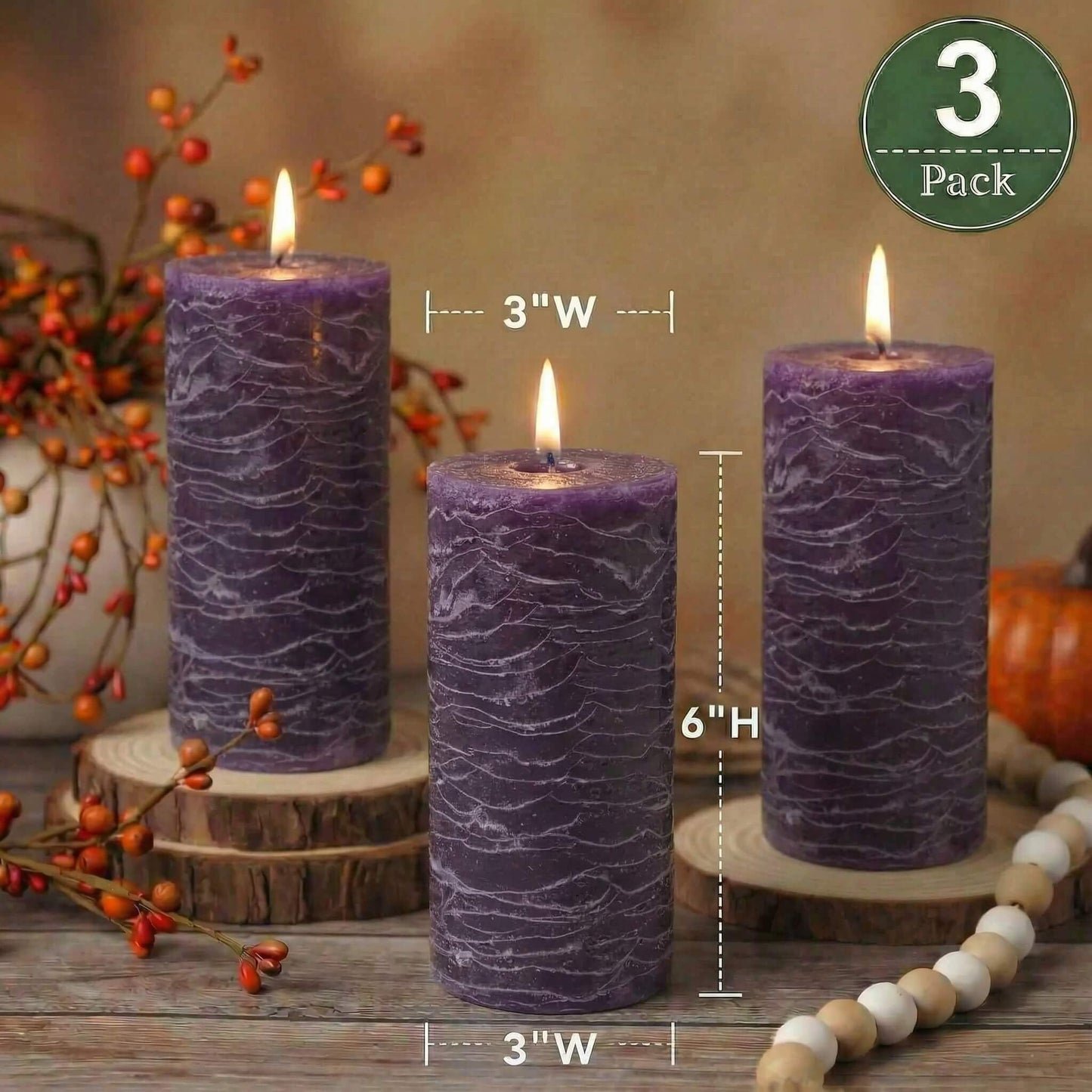 Richland Set of 3 Pillar Candles 3" x 6" Unscented (Purple Rustic) for Weddings Home Holidays Relaxation Spa Church