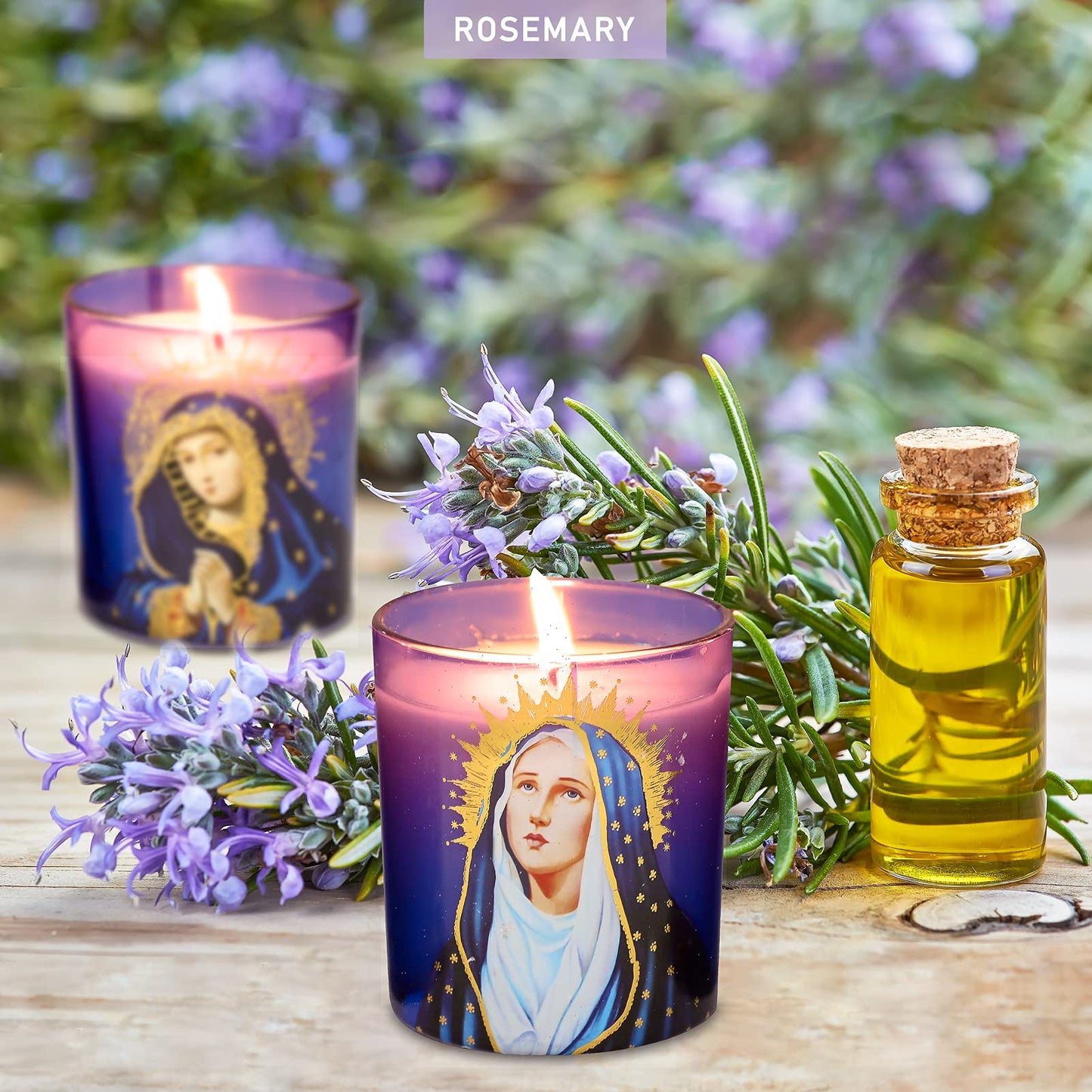 FLAVCHARM Blessed Virgin Mary Scented Candles - Set of 3 Purple Glass Votive Candles for Church Vigil Devotional and Catholic Home Altar - Long-Lasting Burning, Rosemary Scented Soy Wax Jar Candles
