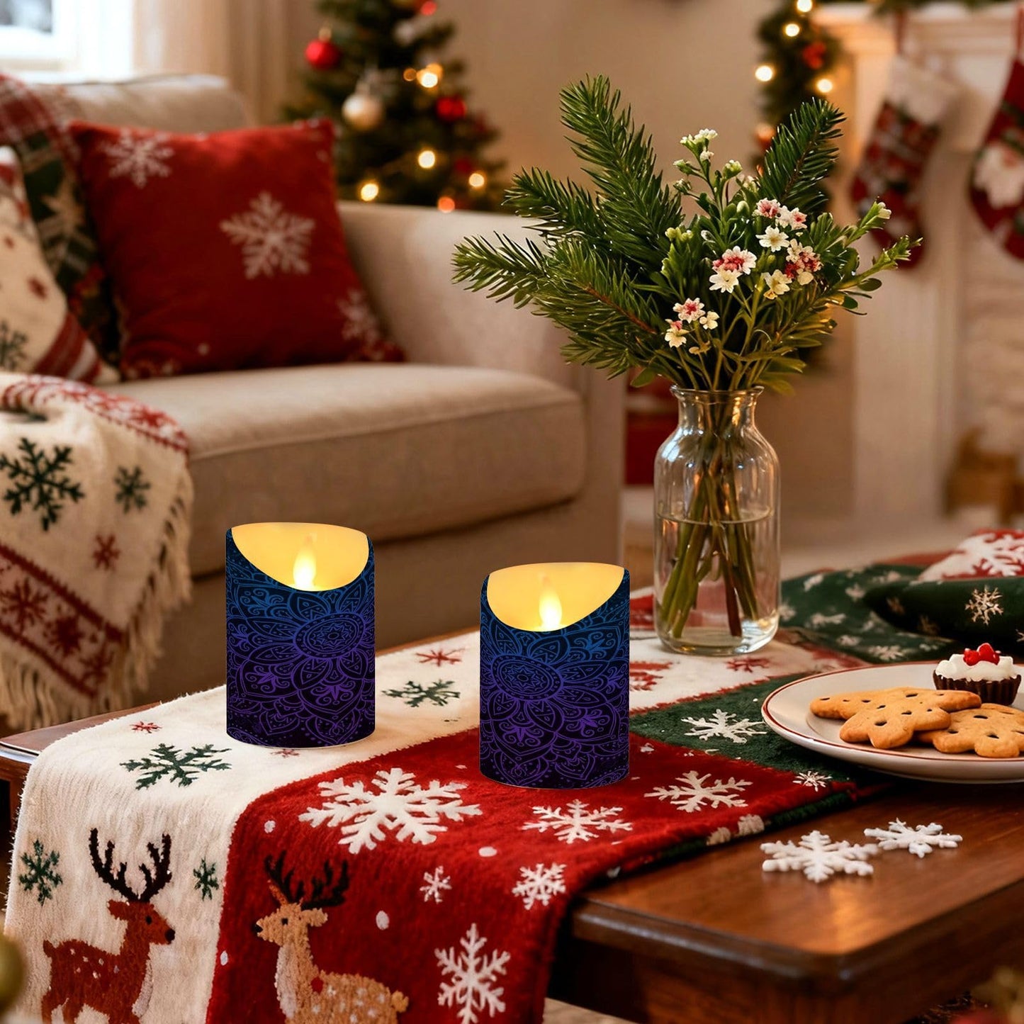Flameless Candles Set of 2 Boho Ethnic Mandala A Realistic LED Candles with Remote Battery Operated Holiday Decorations