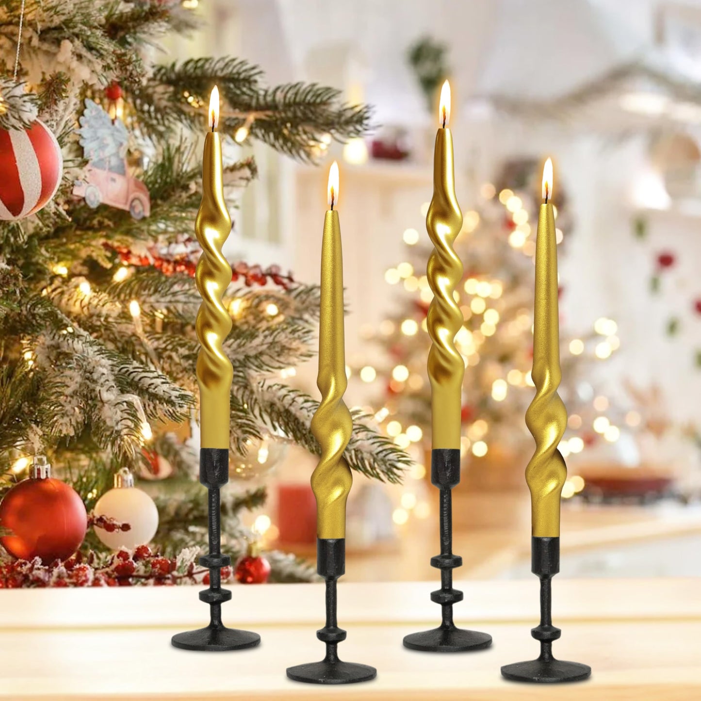 Christmas Spiral Candles Metallic Goldd Taper Candles -10 in Unscented Candlestick for Winter Gift Holiday Christmas Home Decoration Candles, 4 Pack