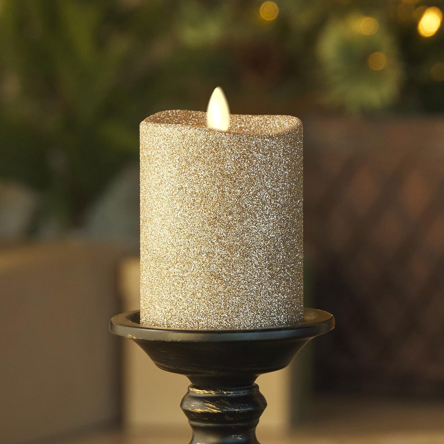Luminara Realistic LED Moving Flame Pillar Candle, Gold Metallic Glitter, 3" x 4.5" Inch, Battery Operated w/Remote, Indoor Outdoor, Timer Function