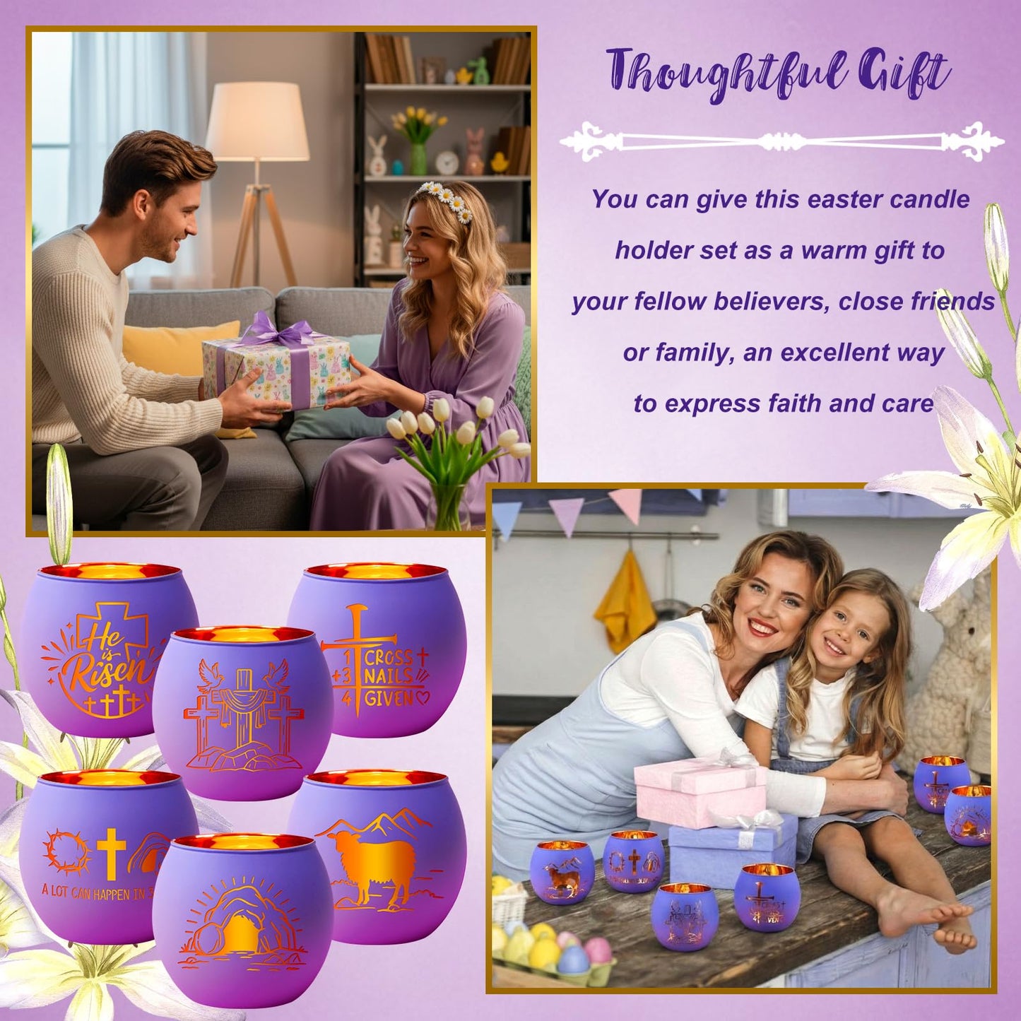 FoldTier 6 Pcs Easter Candle Holders He is Risen Tealight Votive Candle Holder for Table Centerpiece Christian Religious Glass Tealight Votive Easter Tabletop Decor for Home Altar Decoration