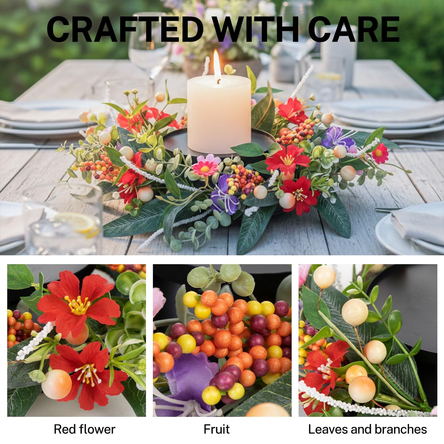 MOYEE Summer Candle Holder Centerpieces for Tables,Candle Ring, Black Metal Candlestick with an Artificial Wreath 14 in Versatile Dining Table Centrepiece (Autumn-Themed Flower and Fruit Wreath)