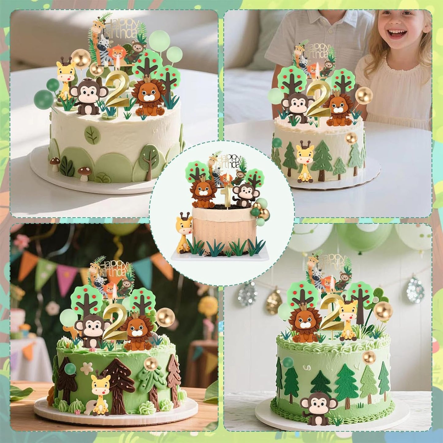 2st Birthday Safari Cake Toppers Set - 3D Lion, Monkey, Giraffe with Number 2 Candle, 8 Grass, Trees & Balls - 21PCS Jungle Animal Cake Decorations Kit for Boys Girls 2 Year Old Party (2st)