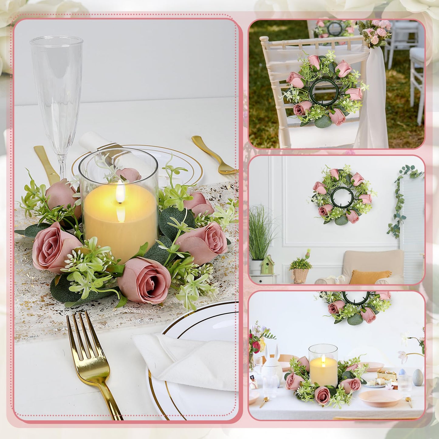 Tobilu 12 PCS Roses Candle Rings Wreaths - 3 Inch Artificial Floral Rings with LED Flameless Candles Eucalyptus Leaves for Spring Banquet Table Centerpieces Home Wedding Party, Dusty Pink