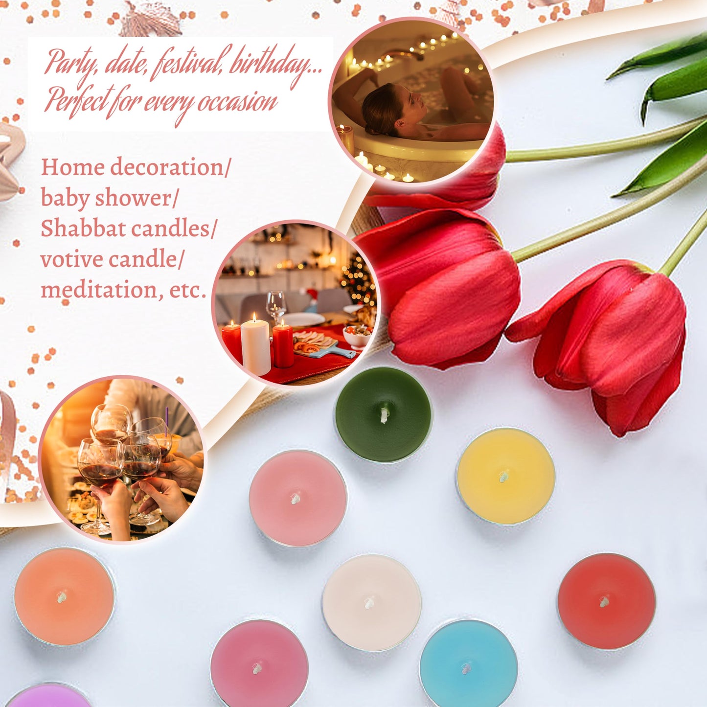 FCMSHAMD Rose Scented Tealight Candles, 24 Pack Pink Tea Lights, 6 Hour Burn Time, Modern Floral Theme, Dripless & Smokeless