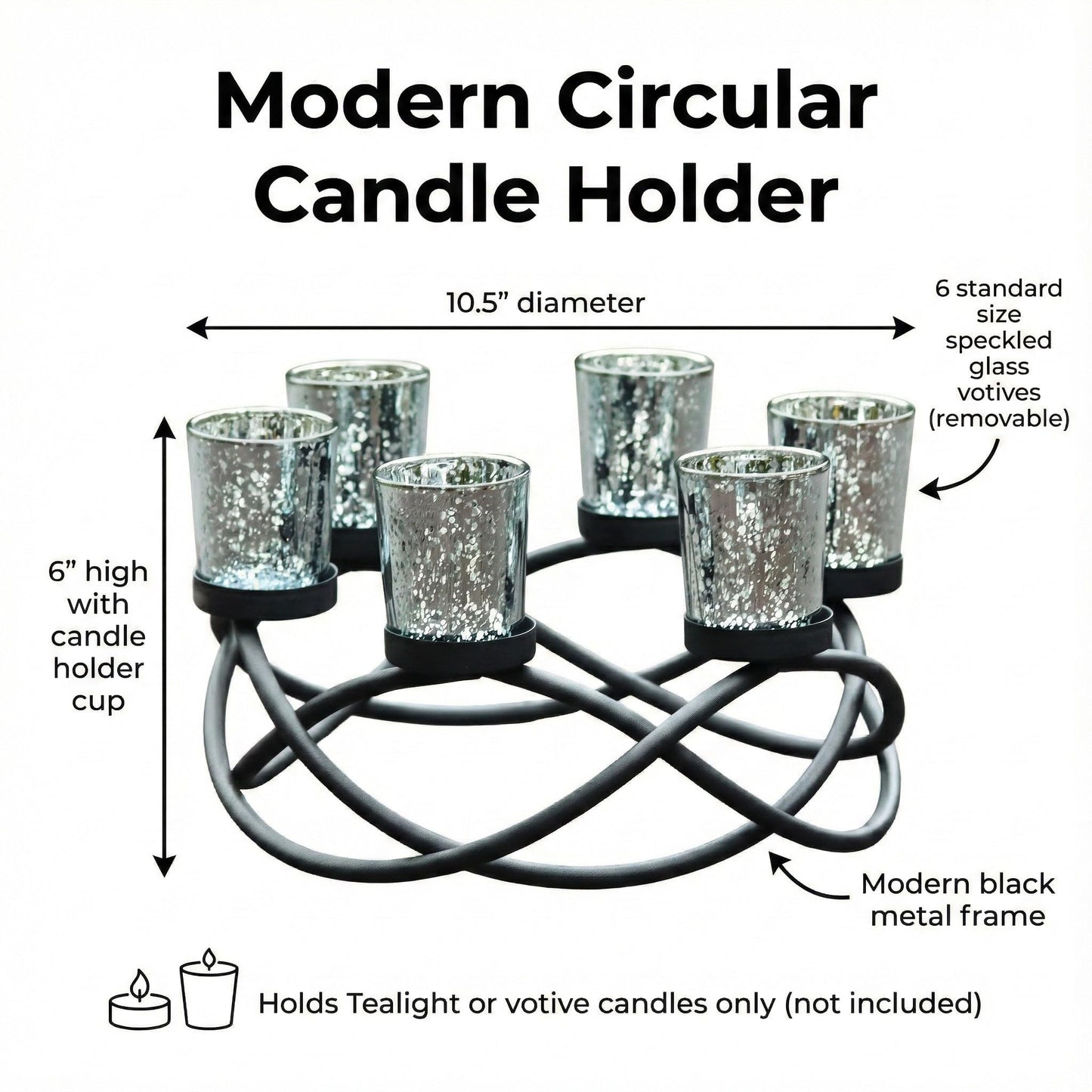 Seraphic Centerpieces for Table Decorations - Round Candle Holders for Outdoor Patio, Dining, Kitchen, Coffee & Wedding Table Decor, Black Iron Candelabra, 6 Silver Glass Votive Tealight Cups